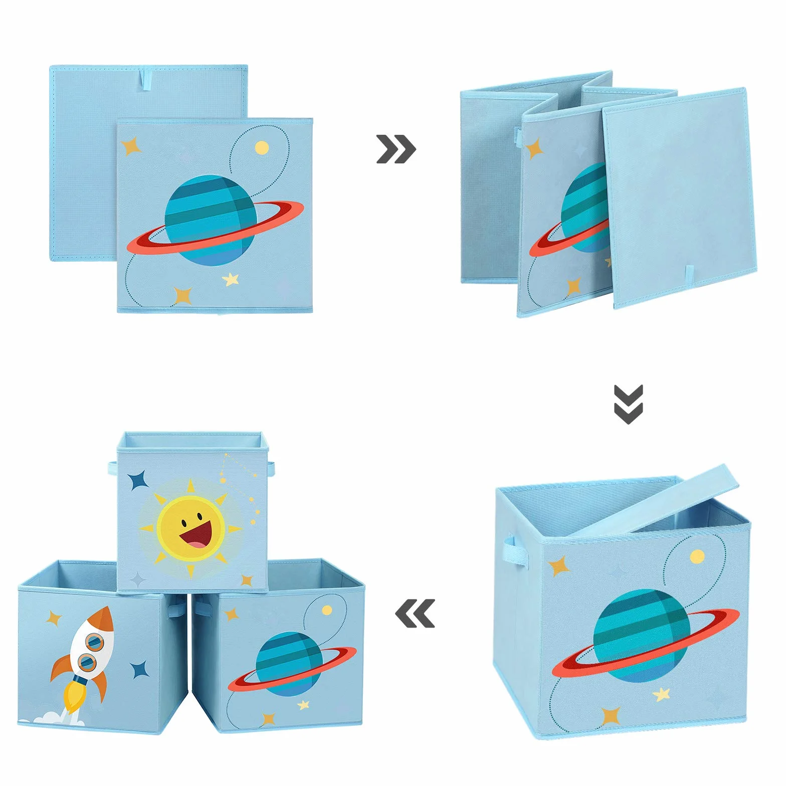 SONGMICS Cajas de Almacenaje, Juego de 3, Organizadoras de Juguetes, Cubos Plegables con Asas, para Habitación de Niños, Sala de Juegos, 30 x 30 x 30 cm, Tema del Espacio, Azul RFB001B03