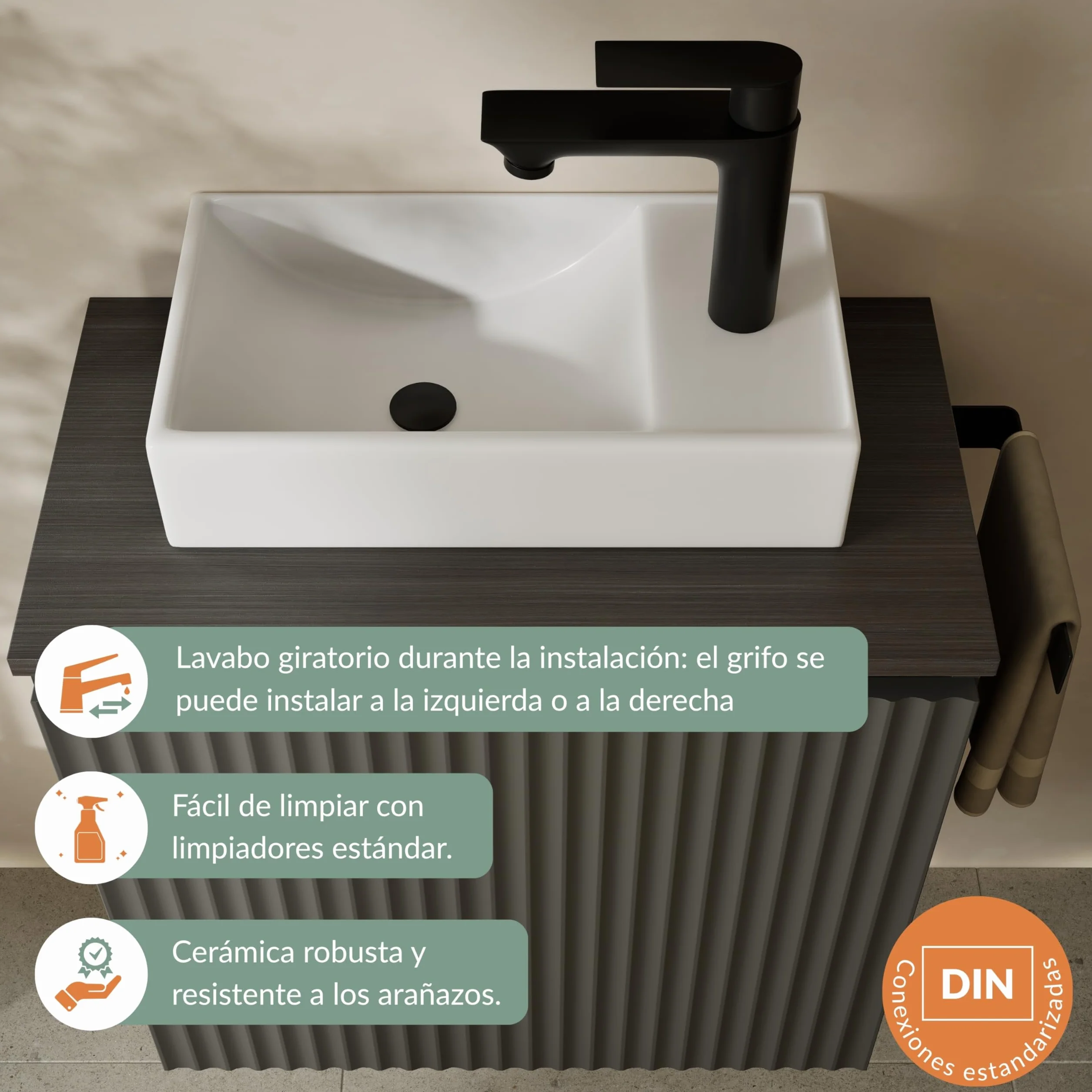 Planetmöbel Conjunto de muebles de baño Lavabo con mueble bajo 56 x 55 x 30 cm Antracita y roble dorado, espejo de baño con iluminación, 50 x 90 cm, espejo con marco, ovalado, 3 niveles de iluminación