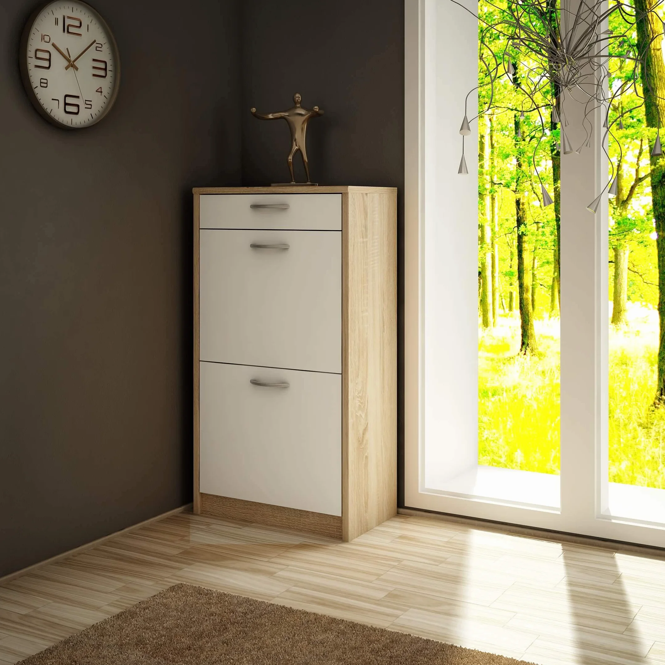 MATKAM Mueble Zapatero 2D1S de Aspecto Moderno, Ancho 50 x Alto 92 x Fondo 28 cm, Tablero de Mueble Laminado 16 mm, con Panel Trasero (Frente de Roble Sonoma en Blanco)