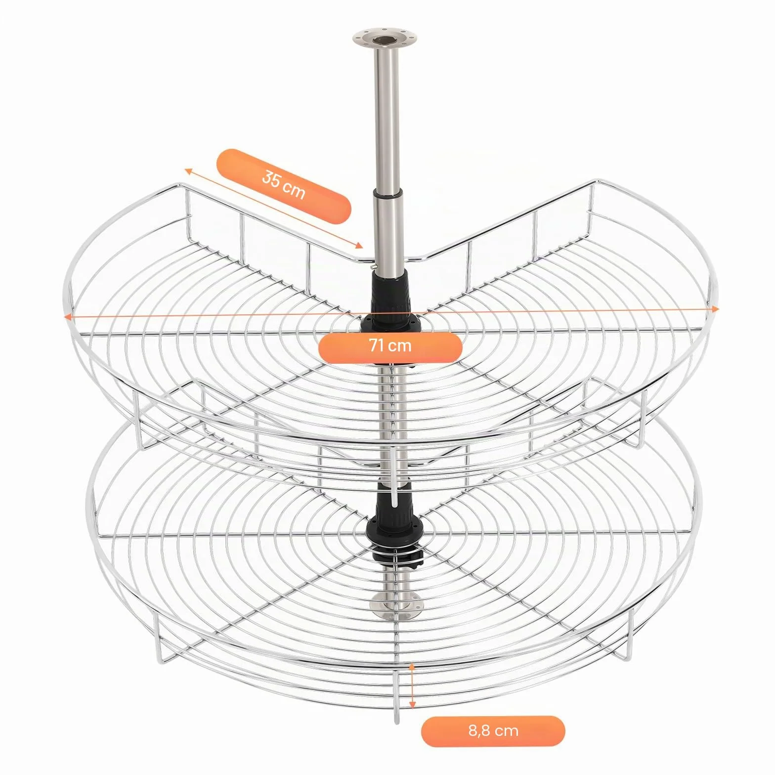 Organizador de armario de esquina, extensible, giratorio a 270°, con 2 cestas ajustables en altura y cierre suave, en acero inoxidable, máx. 16 kg por cesta, para armarios de cocina ≥ 80 x 80 cm