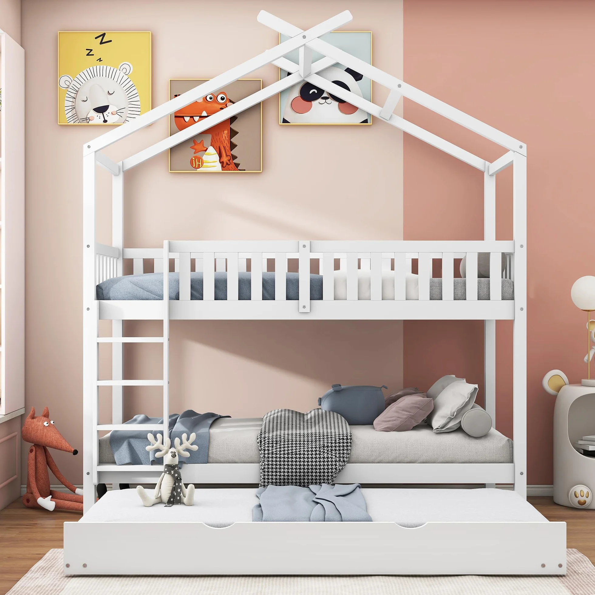 Azkoeesy Litera Infantil con Cama Nido para 3 niños o Adultos, Forma de casita, con protección anticaídas, somier, Escalera, Material Pino, Color Blanco, 90 x 200 cm - N634W0001A