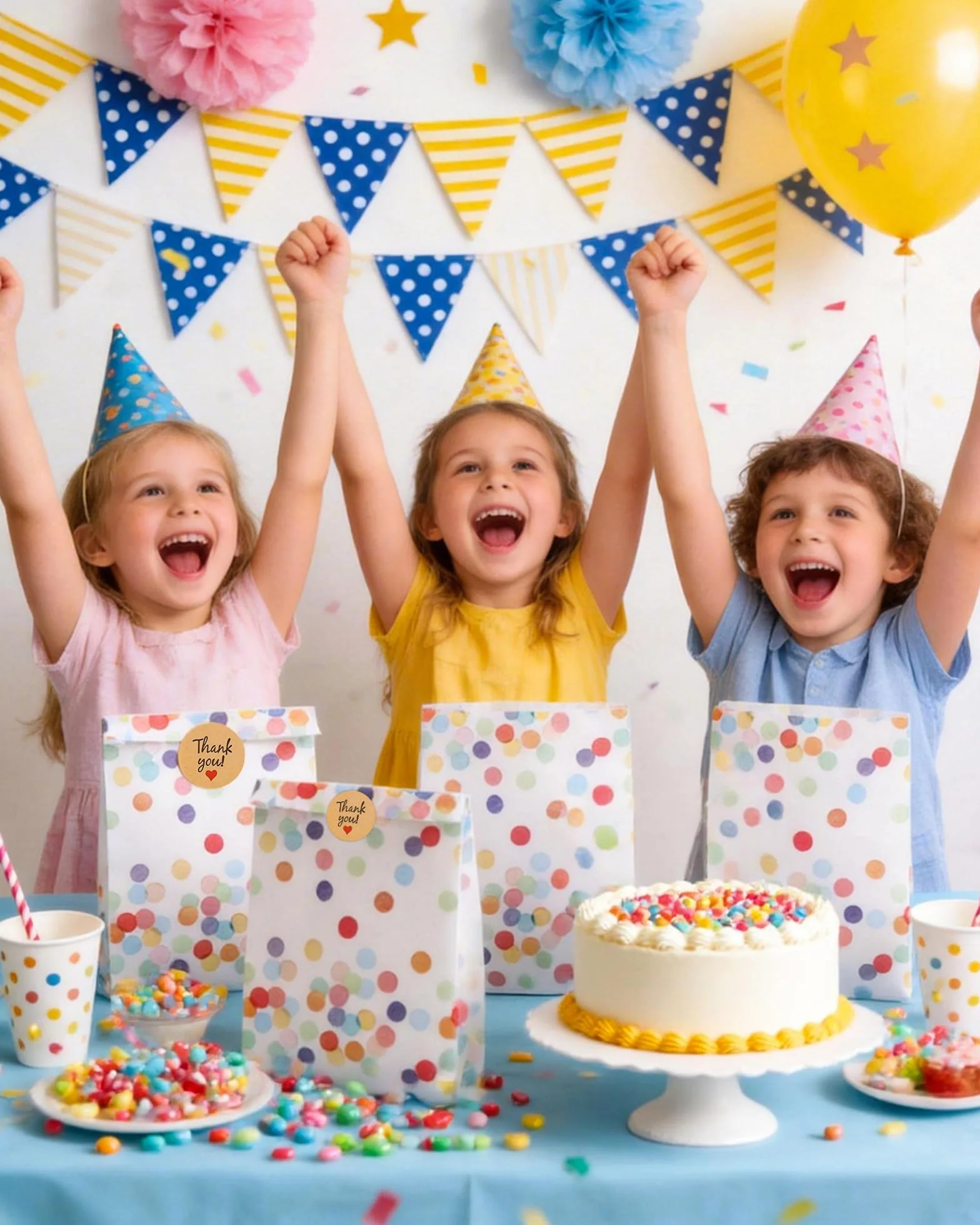 Acual Bolsas Chuches Cumpleaños 50 Pcs con 60 Pegatinas, Bolsitas Regalo Papel con Lunares, Resistente al Aceite para Candy Bar, Bodas, Picnics, Camping, Fiestas y Navidad (19x13x3cm)