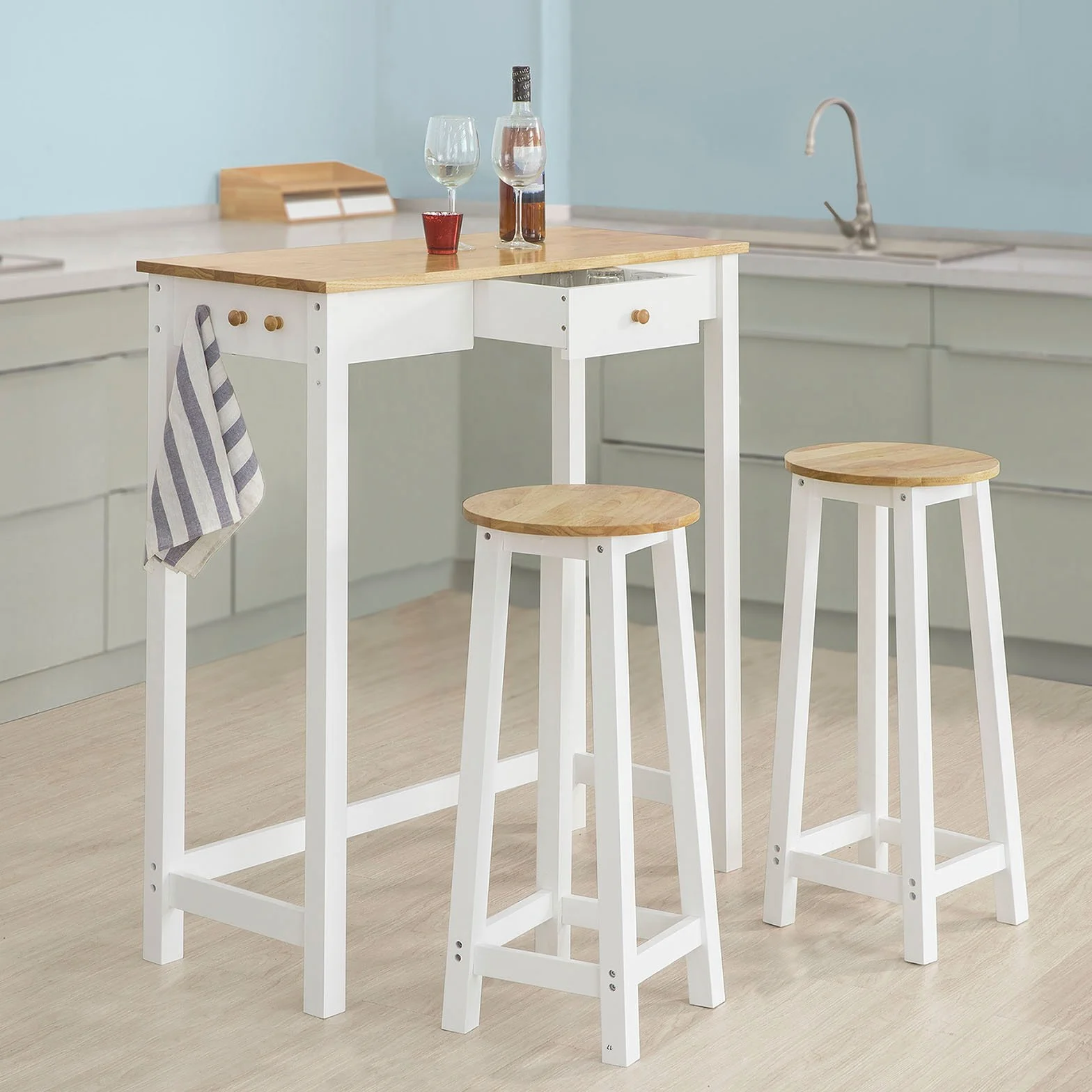 SoBuy Juego de Mesa Alta para Comedor, Conjunto de Bar con 2 Taburetes, Mesa de Cocina Moderna Ideal para Espacios Reducidos FWT50-WN