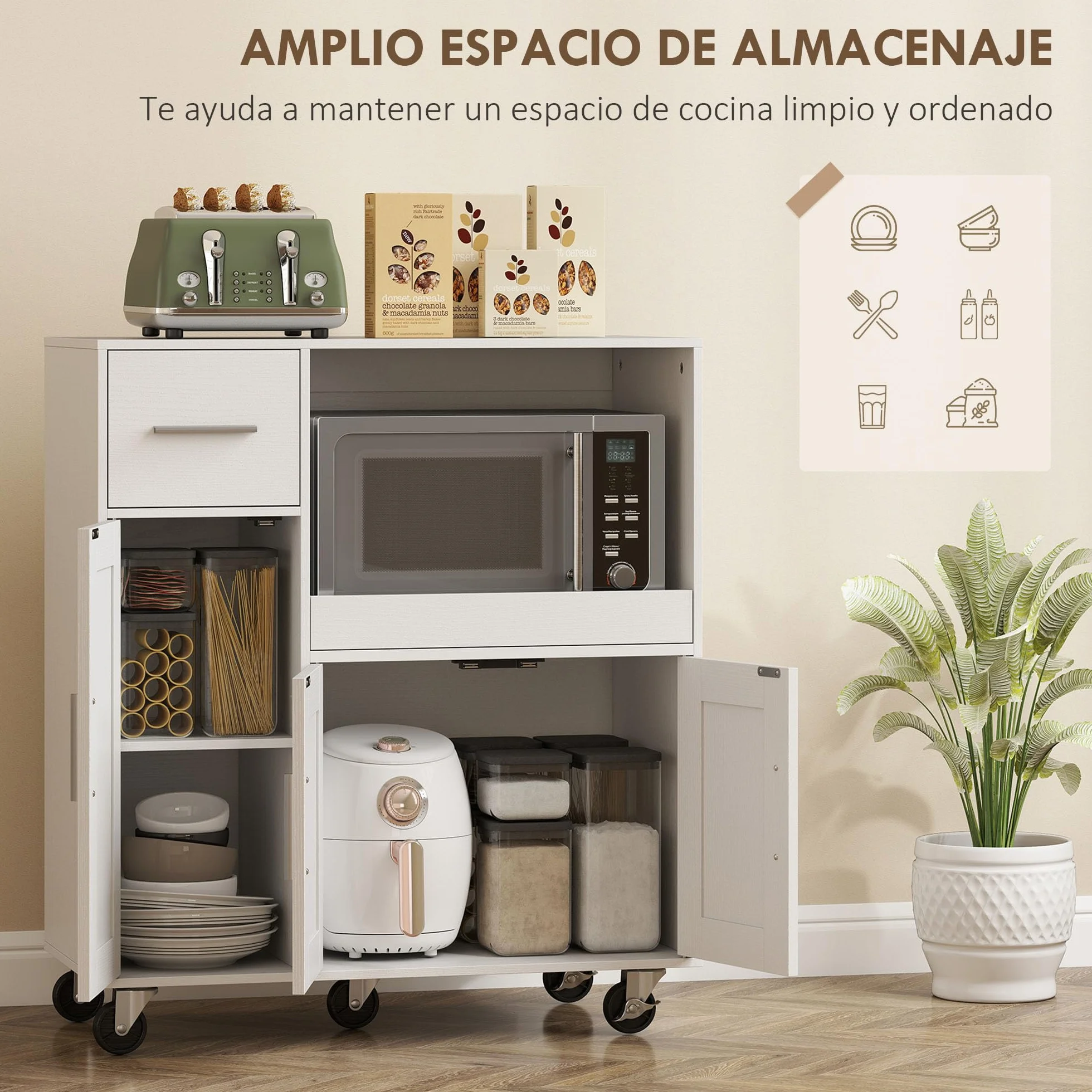 HOMCOM Mueble Auxiliar de Cocina con Ruedas, Aparador de Cocina para Microondas con Bandeja Deslizante, Cajón, 3 Puertas, Estante Ajustable y Orificio para Cables, para Salón, 80x40x88,7 cm, Blanco