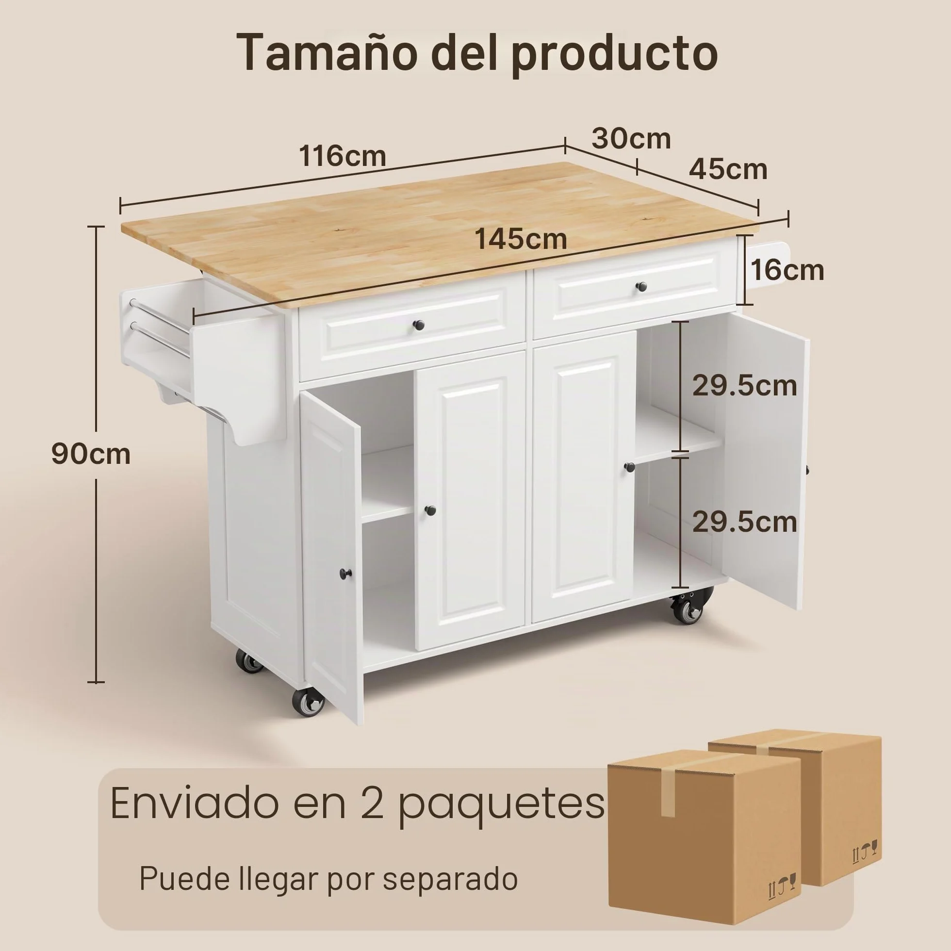 Xbro Isla de Cocina Móvil con Ruedas 145x75x90cm, Carrito Auxiliar Almacenaje, Mueble Moderno Blanco con Encimera y Estanterías para Cocina Comedor (Blanco)