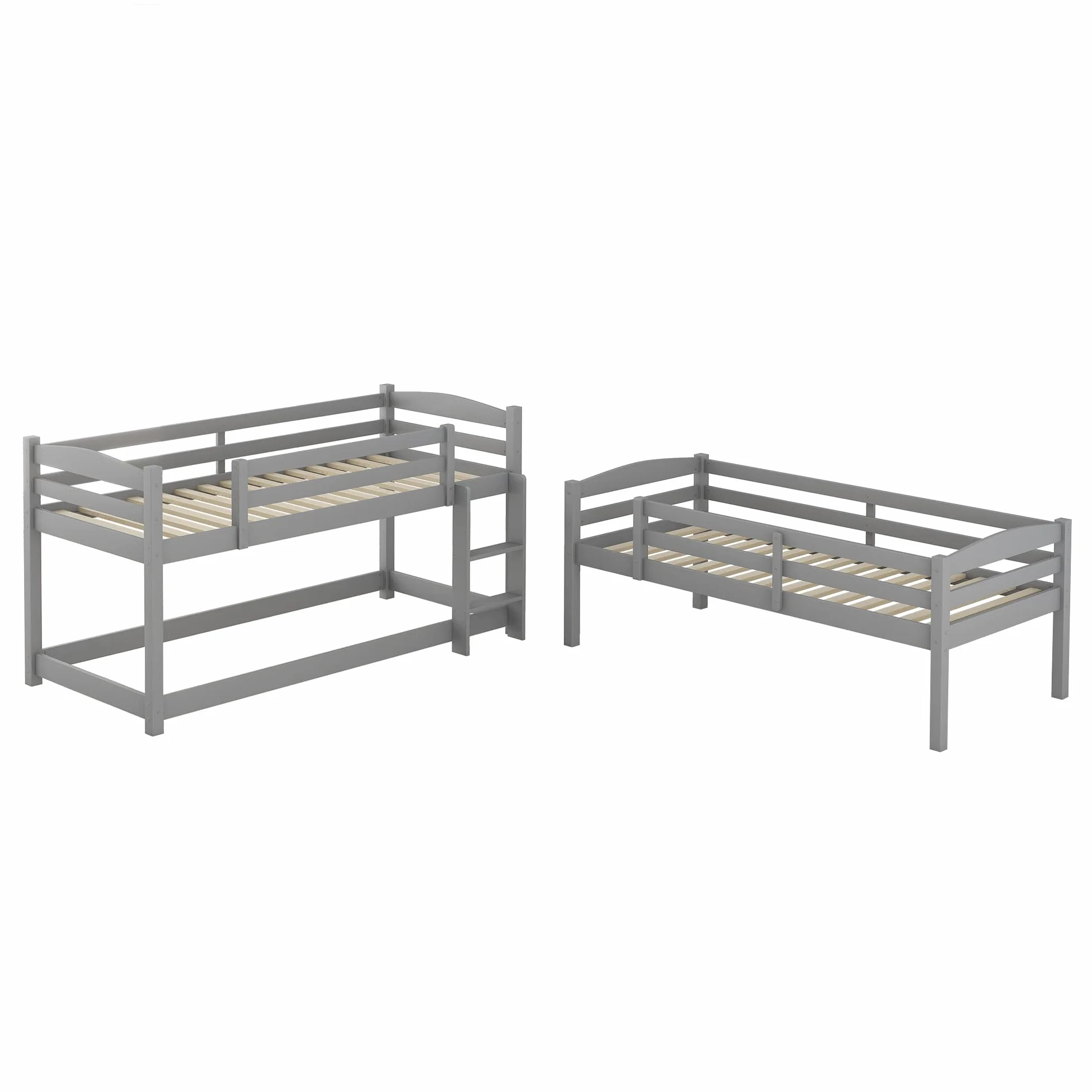 Azkoeesy Litera para 3 Niños 90x200 cm, Estructura Modular, con Somier y Barandilla de Seguridad, Madera de Pino Color Gris