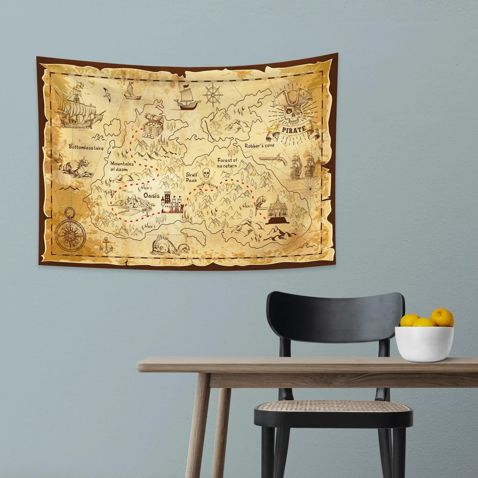 YONGFOTO Tapiz Mapa del TesoroAntiguos Pirata Mapa Mundi Decoracion Pared Poster Isla Occidental Ruta Navegación Dormitorio Cubierta Sofá Cama, 100x70cm