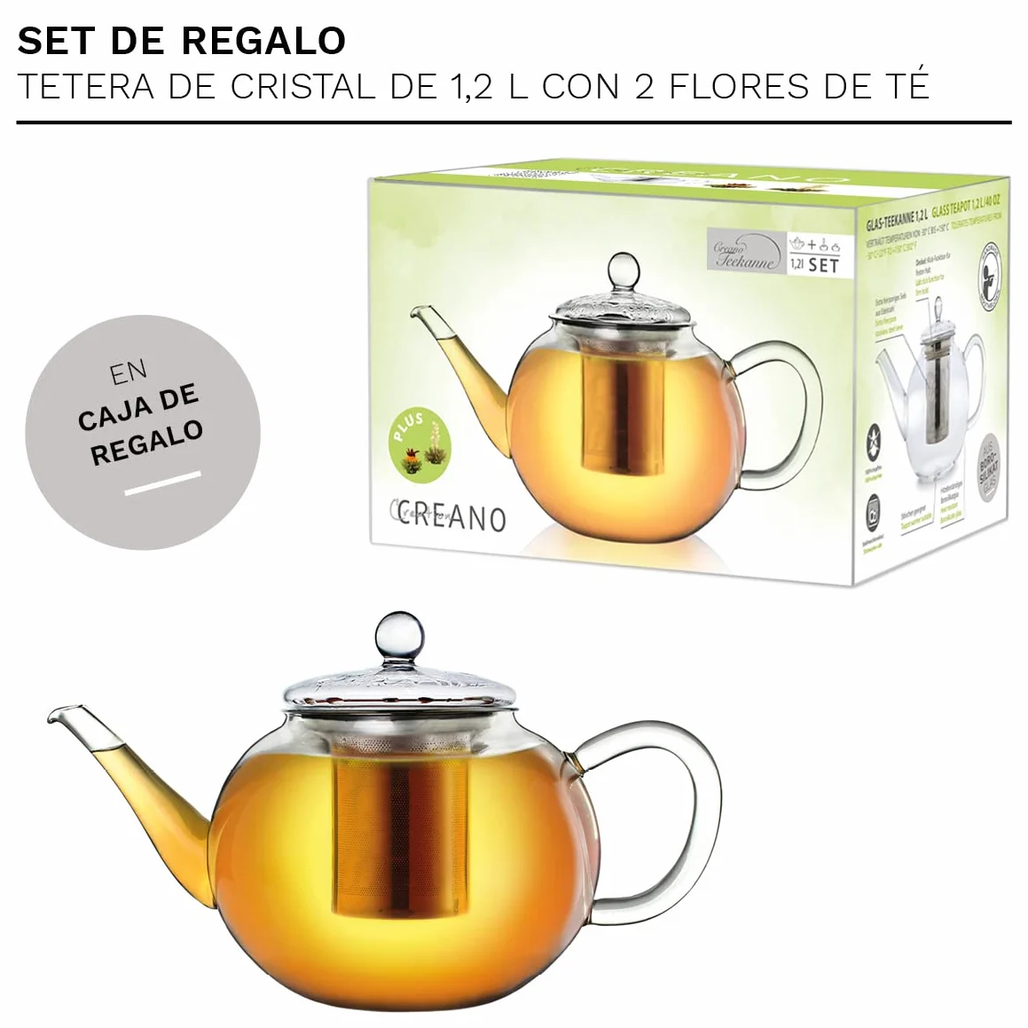 Creano Set de Regalo Tetera de Vidrio 1,2L con 2 Flores de Té – Incluye Filtro de Acero Inoxidable Extraíble