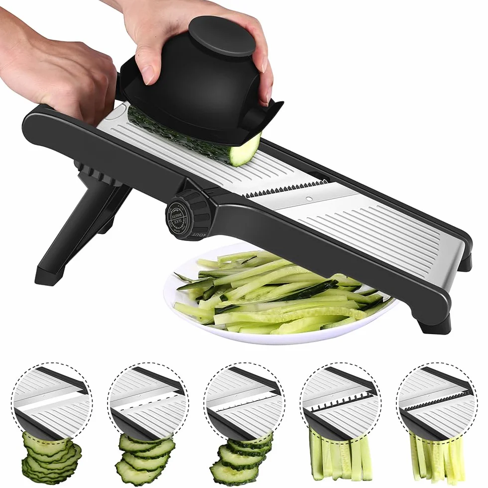 Mandolina de Cocina Profesional Cortador de Verdura - Mandolina Verduras con Guantes de Seguridad, Ajustable en Acero Inoxidable, Hacer Rodajas Gruesas de 1 a 9 mm, Cortador de Verduras Manual
