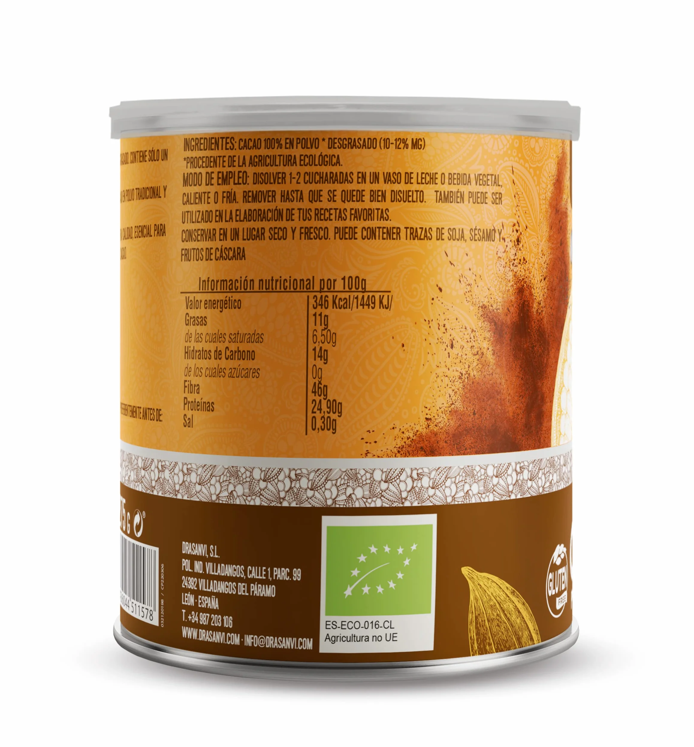 DRASANVI ECOSANA Cacao Puro Desgrasado Certificado Bio 275g Sin Azúcares Añadidos Vegano Sin Gluten