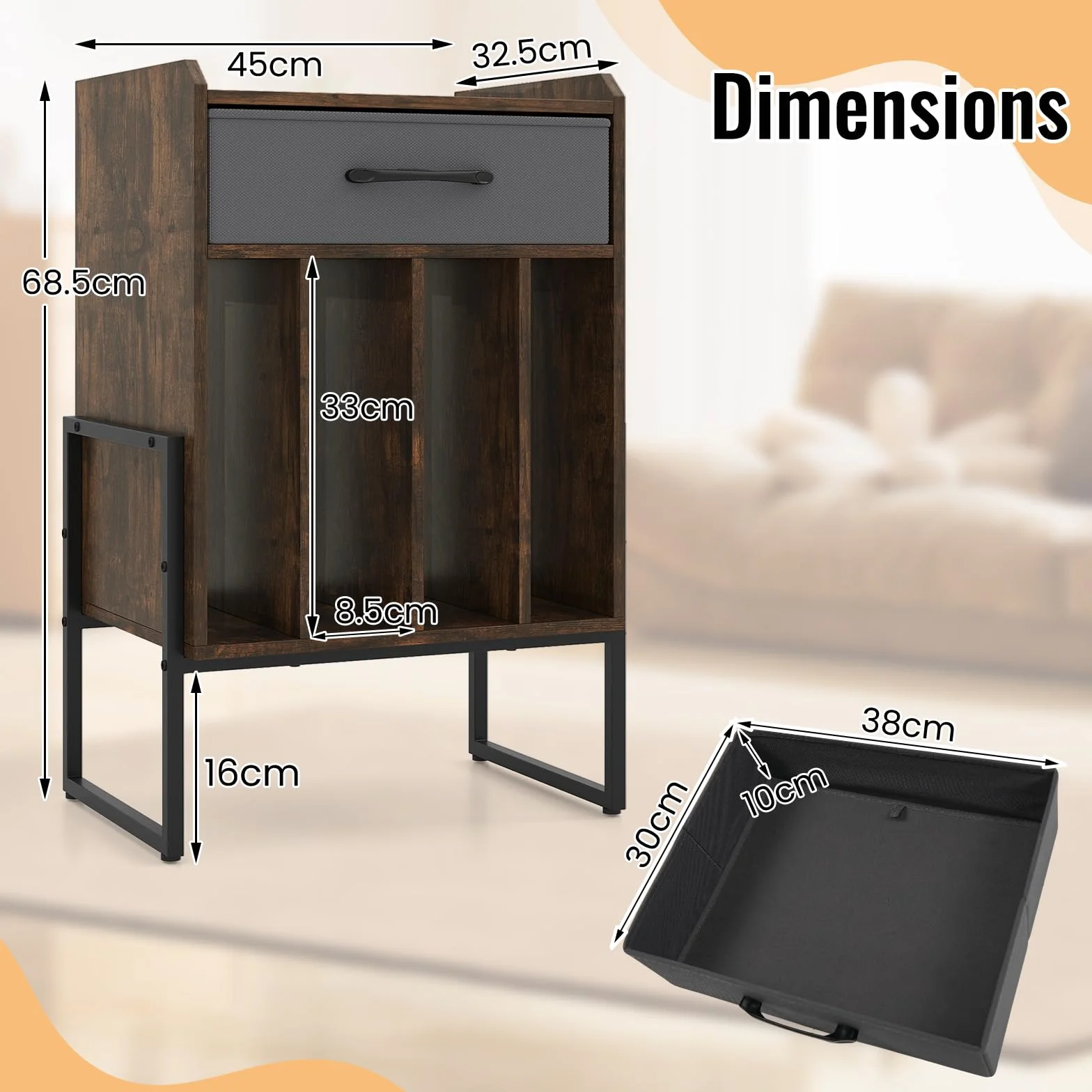 FANTASK Soporte para tocadiscos, estante para discos de vinilo con cajón de tela plegable, 4 compartimentos, hasta 160 álbumes, estilo vintage