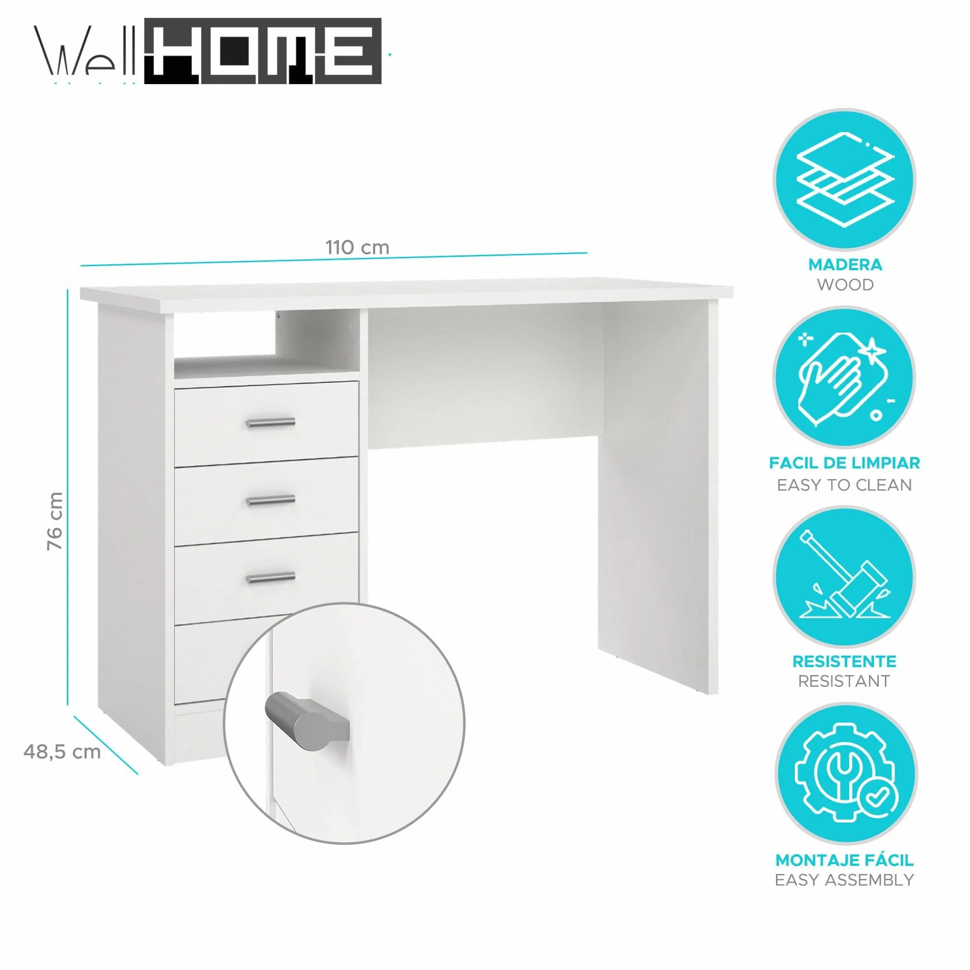 Escritorio Segre White Mesa de Estudio con 4 Cajones en Color Blanco 111 x 49 x76 cm