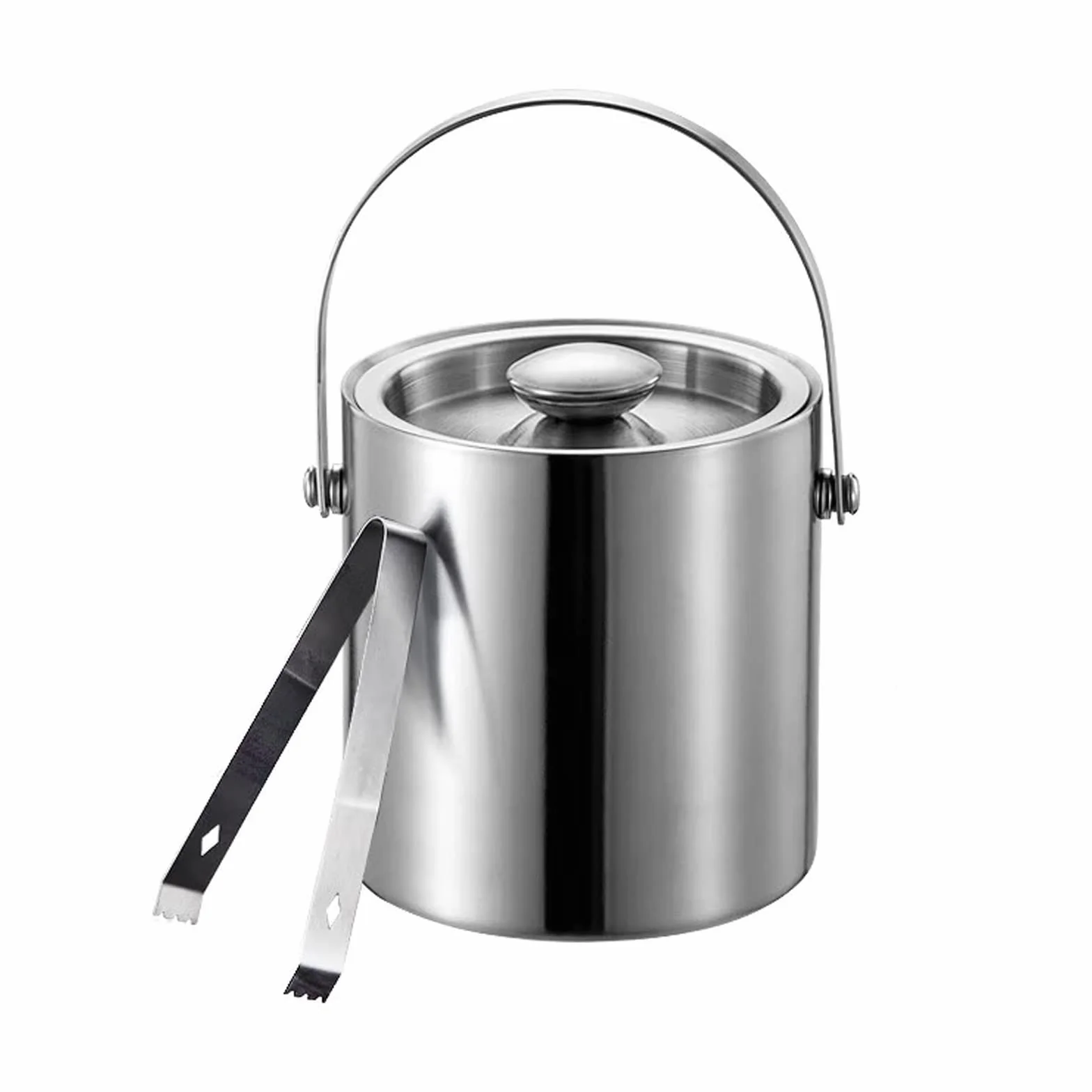 Cubo de Hielo Cubitera de Acero Inoxidable for el hogar con asa, cubeta Hielo aislada Doble Pared Gruesa Tapa y Pinzas, for Fiestas Enfriador Vino | 2L