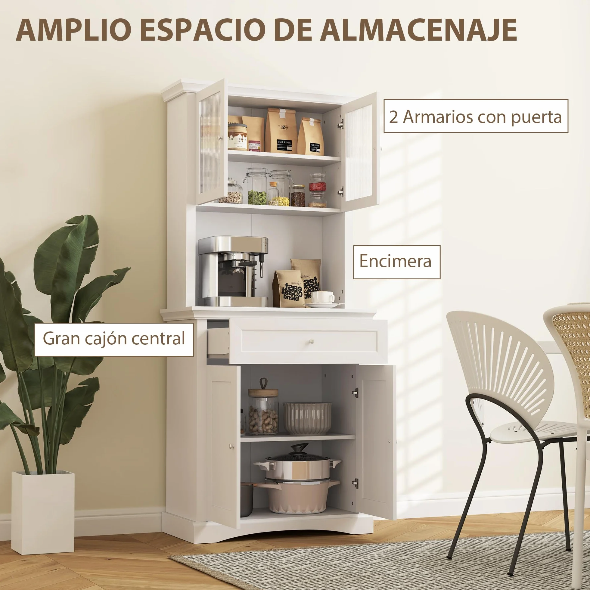 HOMCOM Alacena de Cocina Moderna Armario de Cocina con 1 Cajón 2 Puertas de Vidrio y Estantes Ajustables Carga 50 kg para Comedor Salón 79x40x180 cm Blanco