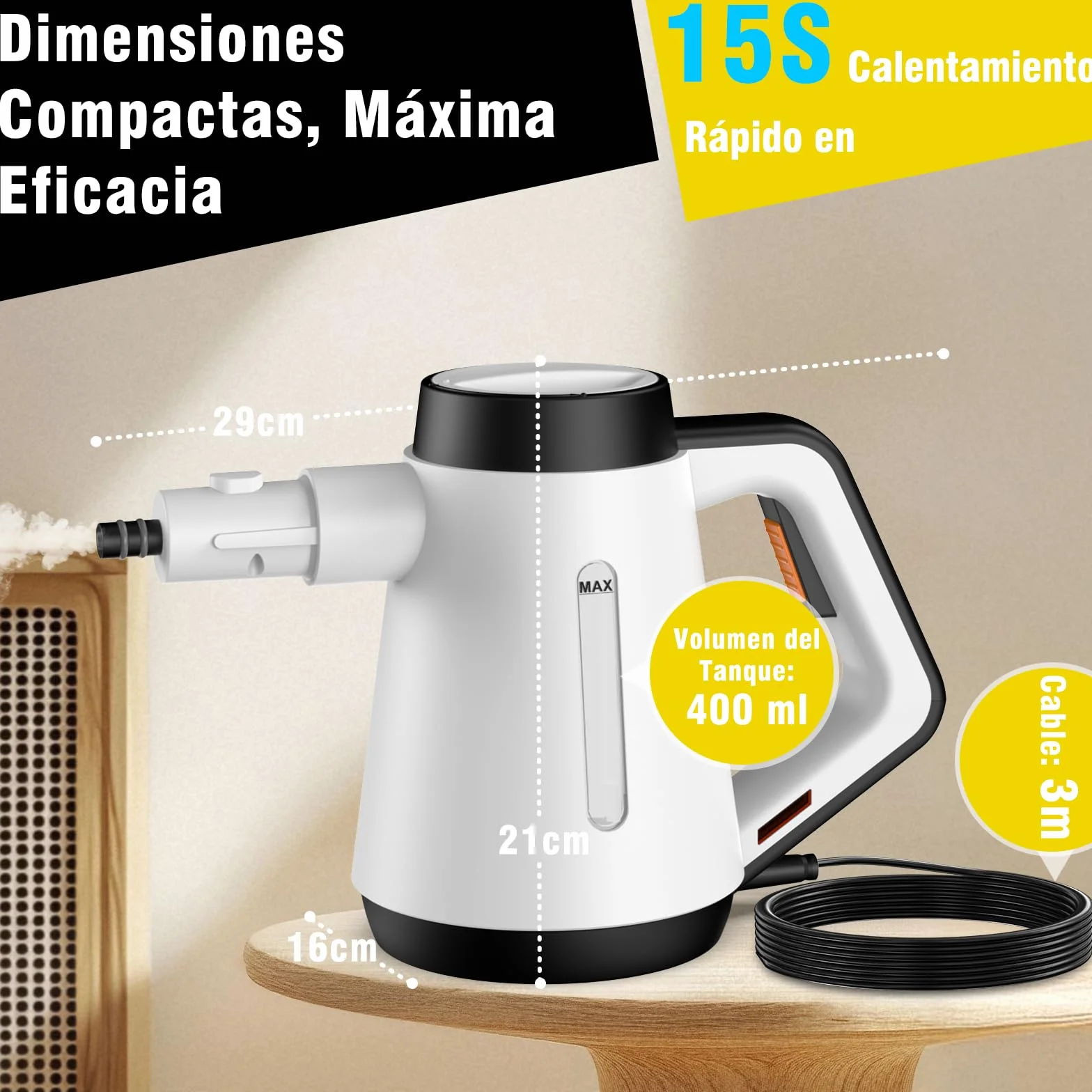 Limpiador de vapor 1200W calentamiento instantáneo 15 s 400 ml accesorios 9 piezas blanco