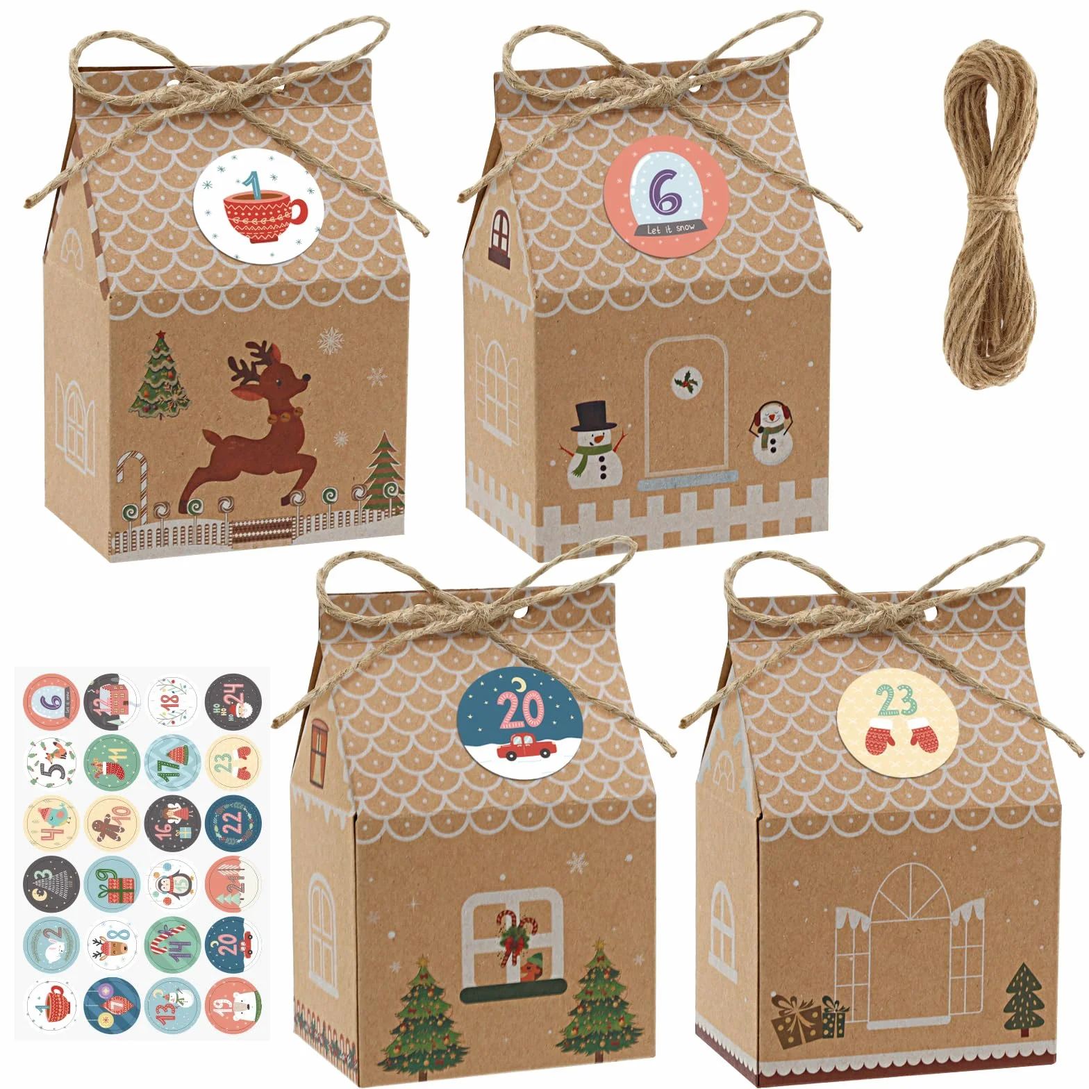 Cajas de Cartón Pequeñas Kraft Navidad con Pegatinas Calendario Adviento 24 Piezas