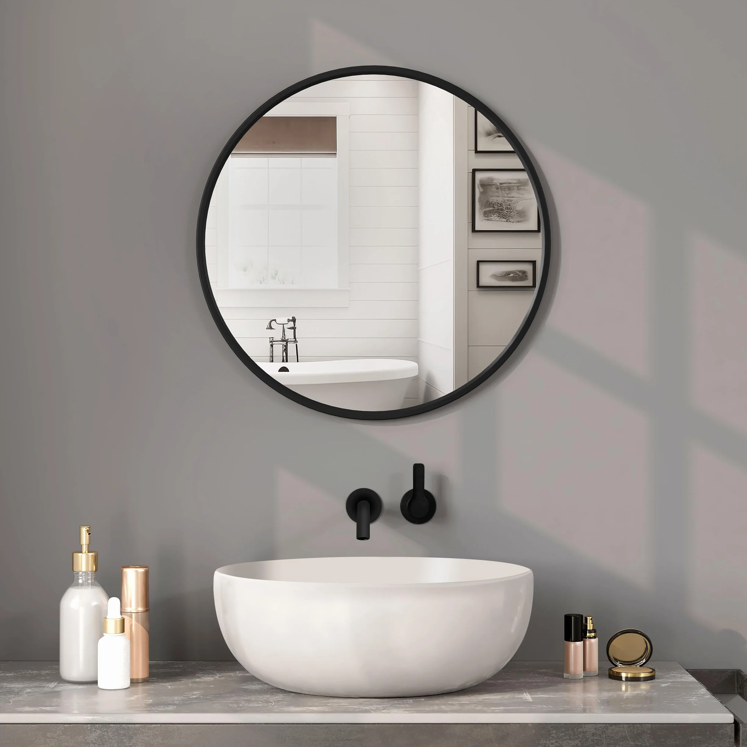 WOLTU Espejo Pared, Espejo Baño, Espejo Decorativo de Baño o Tocador con Marco Metálico Negro, Cristal HD sin Distorsión, Estilo Moderno para Dormitorio, Entrada o Salón, 60 cm