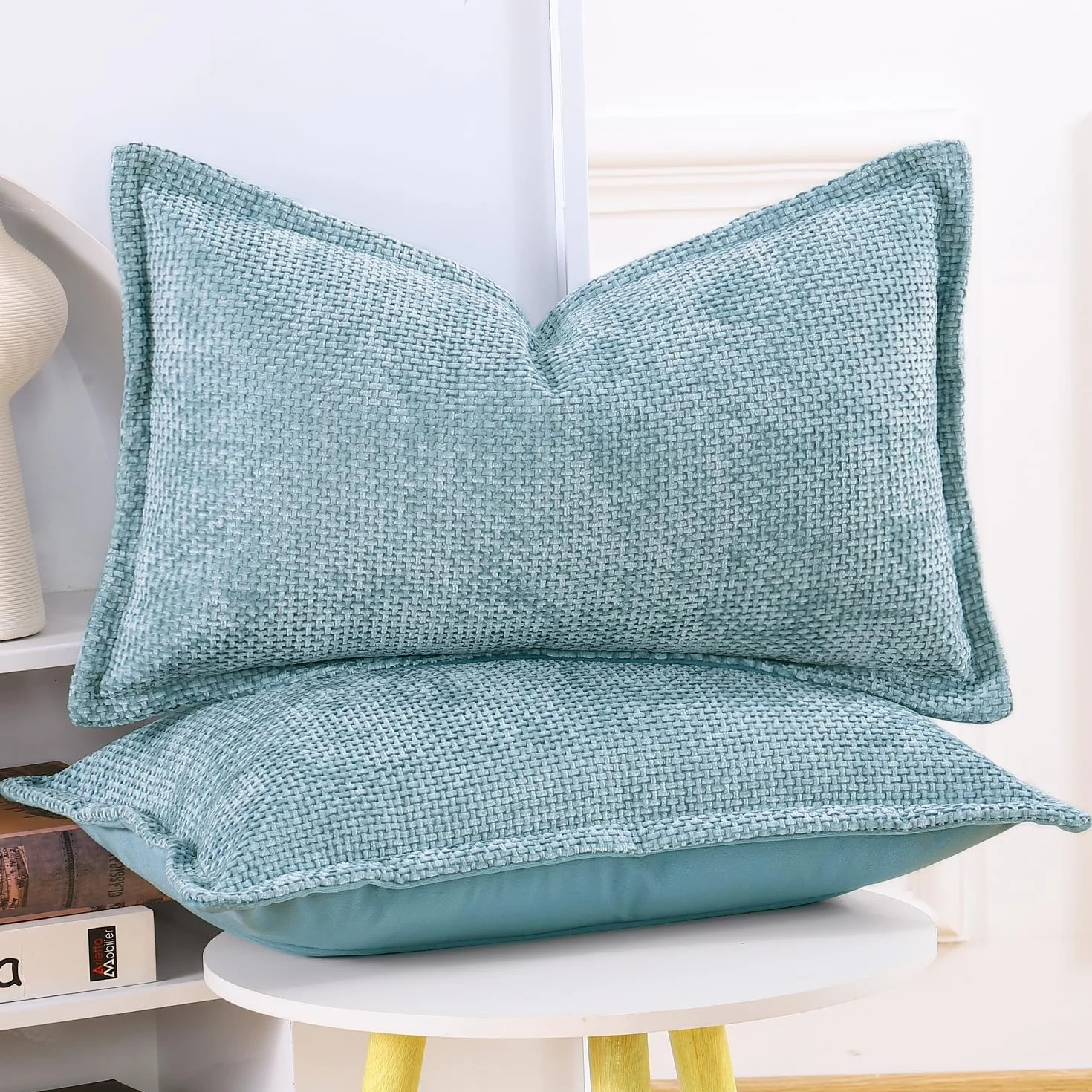 Madizz Juego de 2 Fundas de Almohada de Terciopelo Chenilla Suave con Borde de Lujo para Sofá Dormitorio 30 x 50 cm Azul Claro