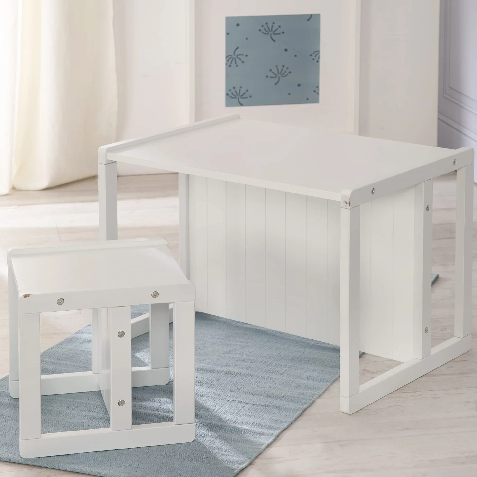 Banco Infantil 2en1 de Madera Ajustable 2 Alturas Asiento Convertible Mesa Escritorio 60 kg Blanco