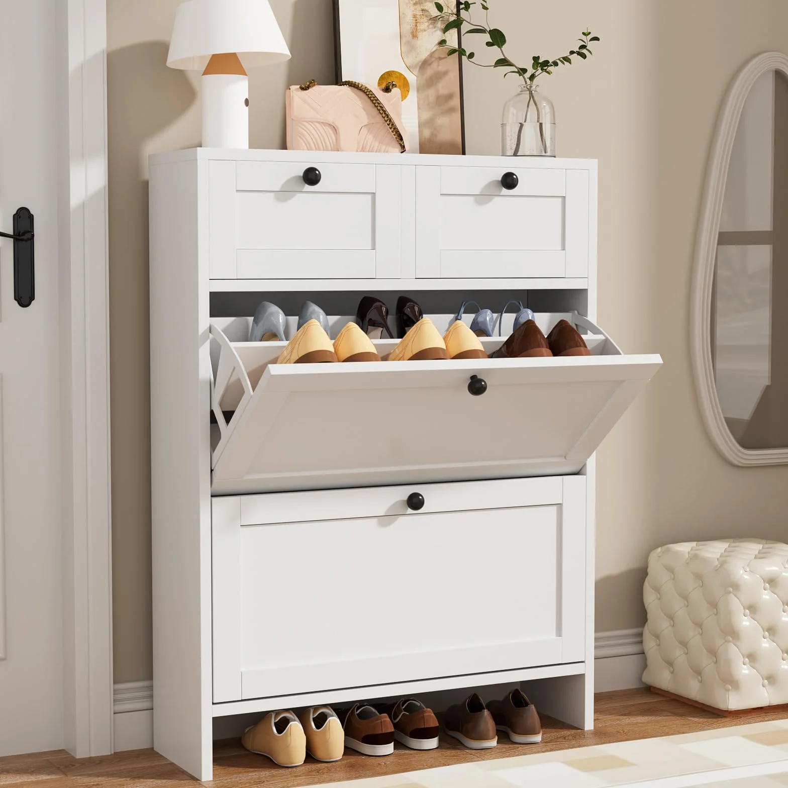 VOWNER Zapatero Estrecho, 2 Puertas, Zapatero Entrada Recibidor, 80 x 24 x 110 cm (Largo x Ancho x Alto), para Entrada Estrecha, Pasillo (Blanco)