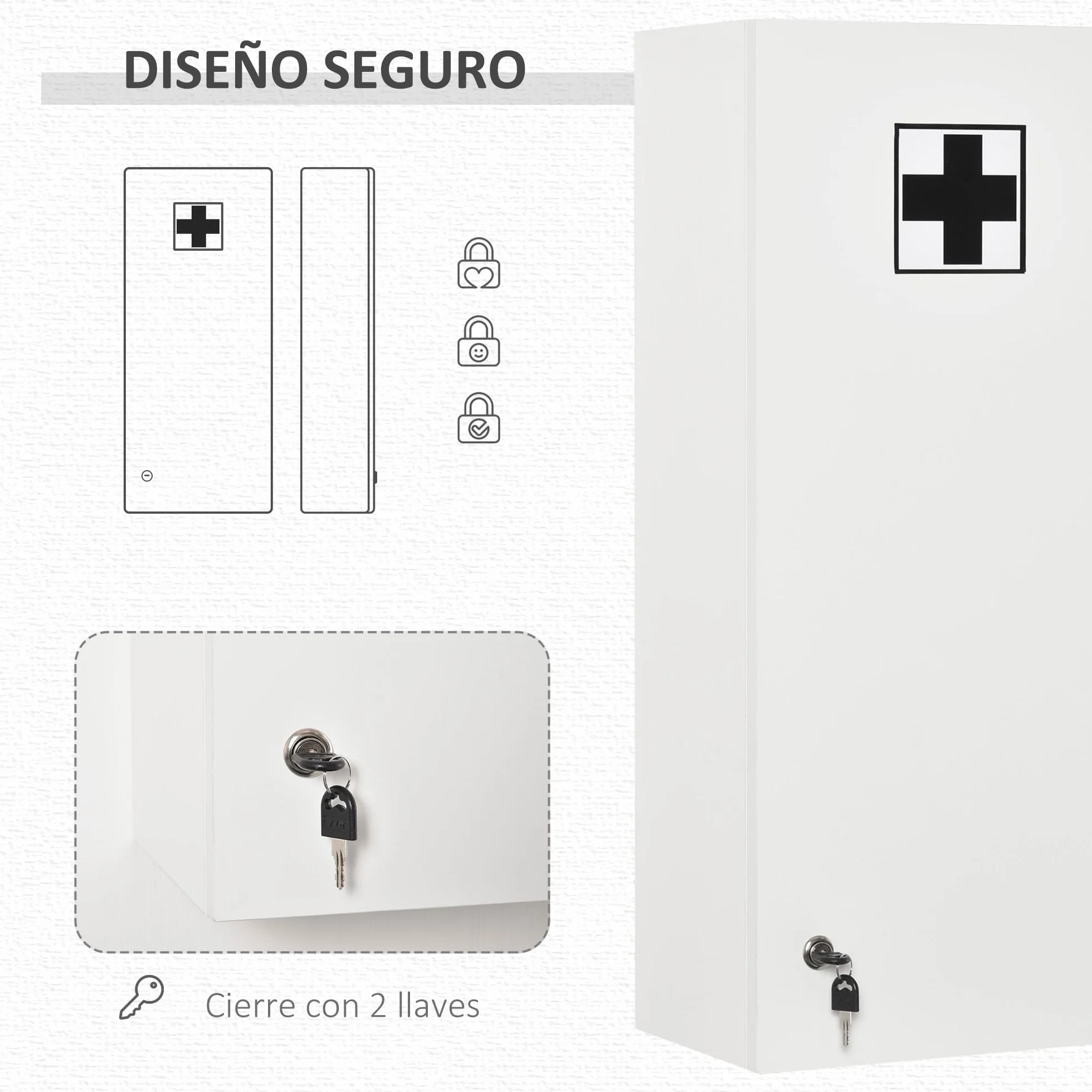 Kleankin Botiquín de Pared Primeros Auxilios 5 Niveles Estantes Ajustables Vidrio Cerradura 30x20x70 cm Blanco