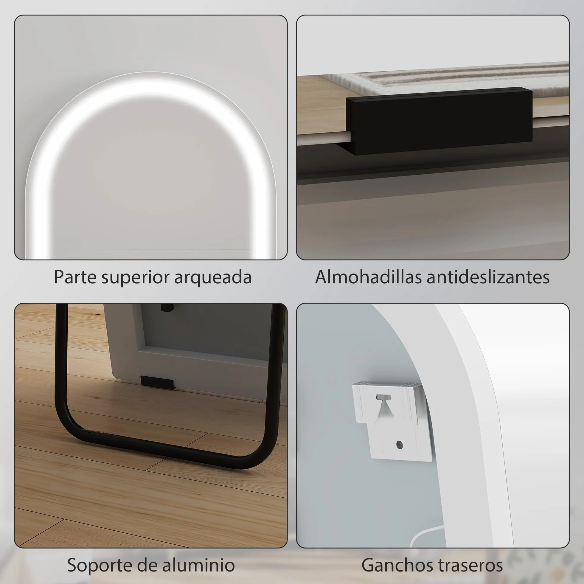 HOMCOM Espejo de Pie Cuerpo Entero con Luces, 150x50 cm, Espejo de Cuerpo Entero Arqueado sin Marco, Color y Brillo Ajustables, Función de Memoria, Independiente, Apoyado y de Pared, Transparente
