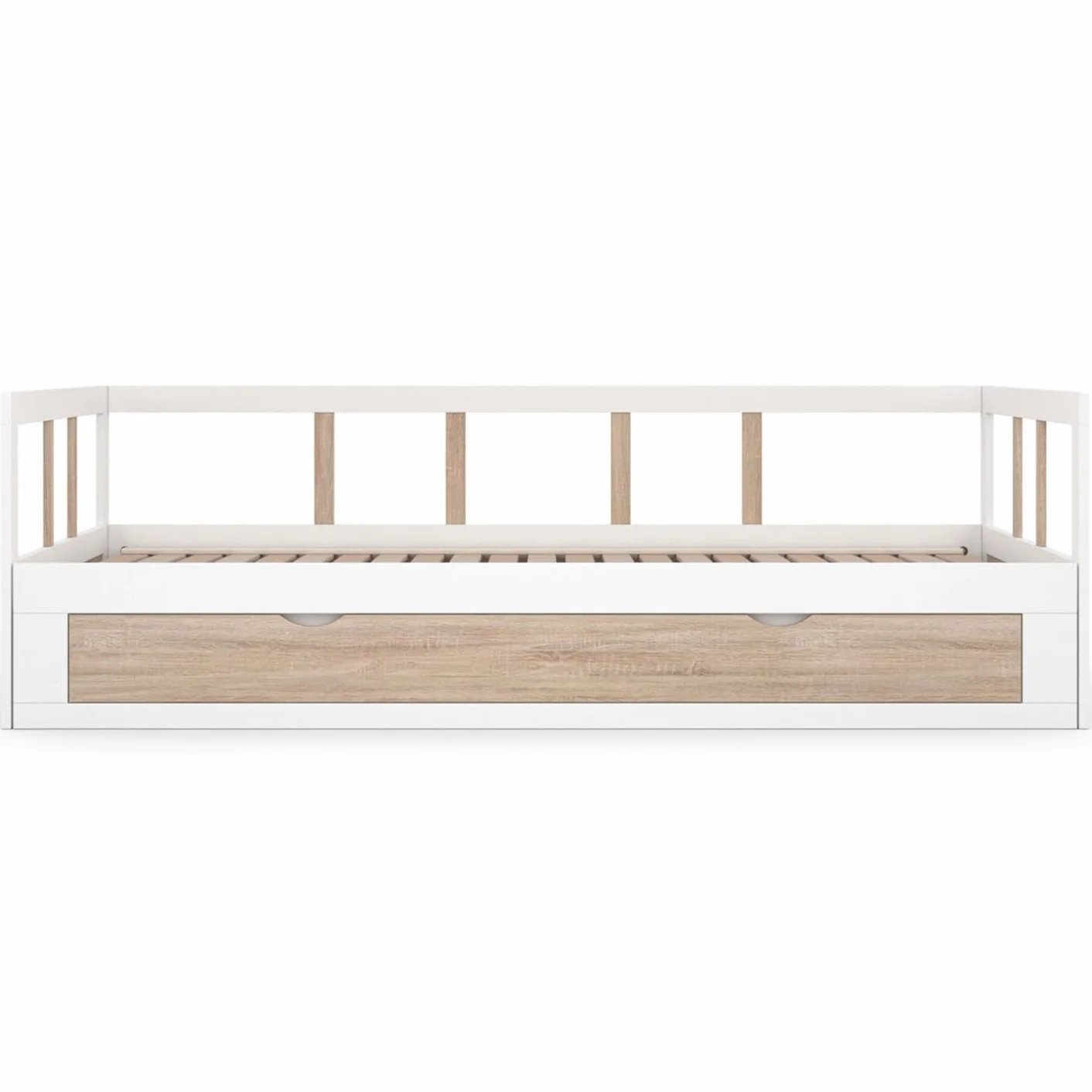 IDMarket - Cama tapizada 90 x 190 cm Zoya desplegable, 180 x 190 cm, Blanco y haya con 1 cajón