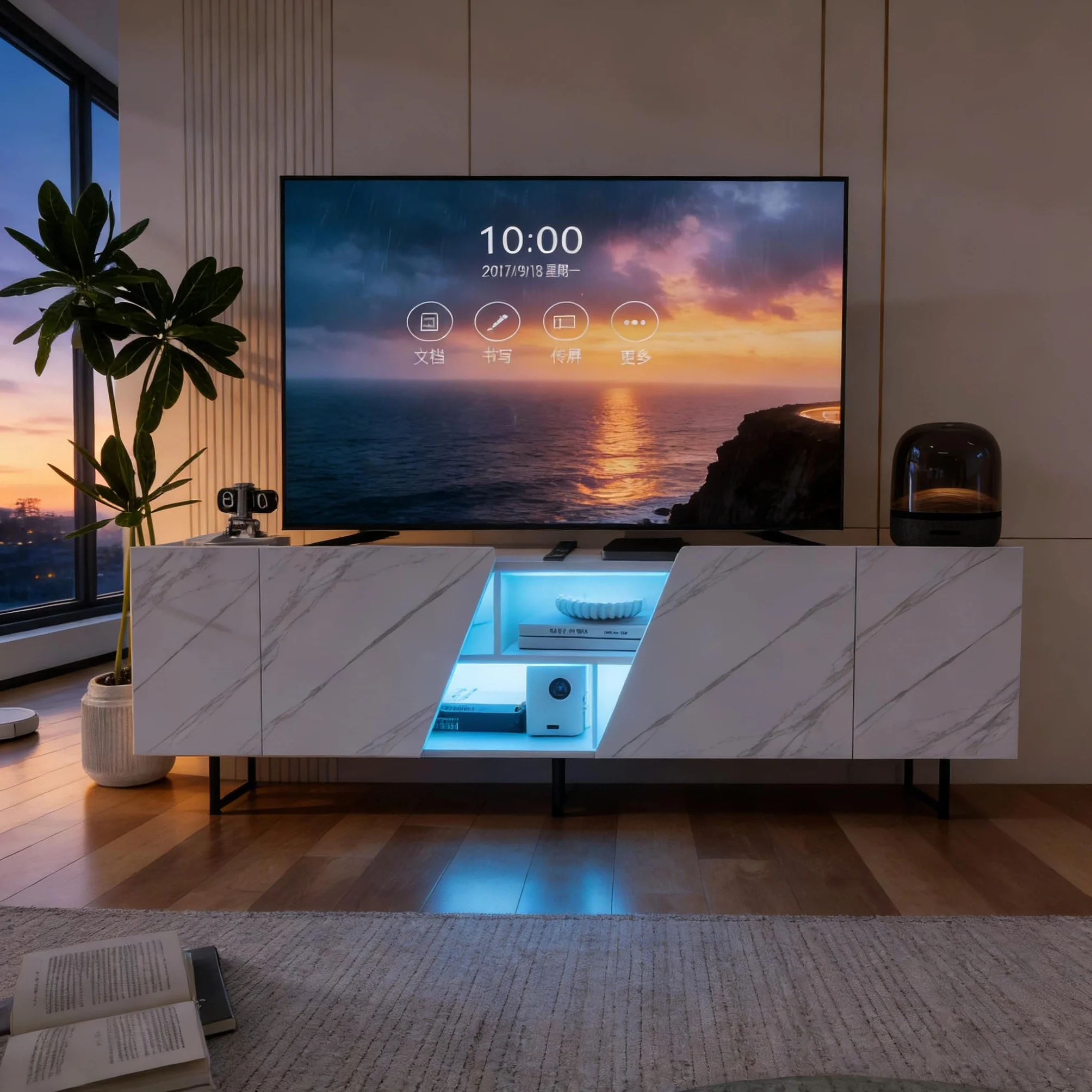 BRILVERDE Mueble de TV con iluminación LED de mármol blanco brillante, 220 cm, mueble bajo para TV con puerta, espacio de almacenamiento y aparadores, para salón (blanco, 220 cm)
