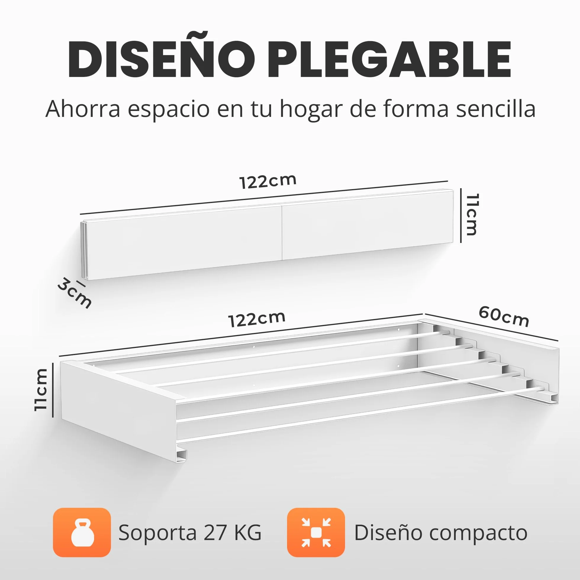 Tendedero Pared Plegable Retractil 120cm, 30 kg Capacidad, Blanco