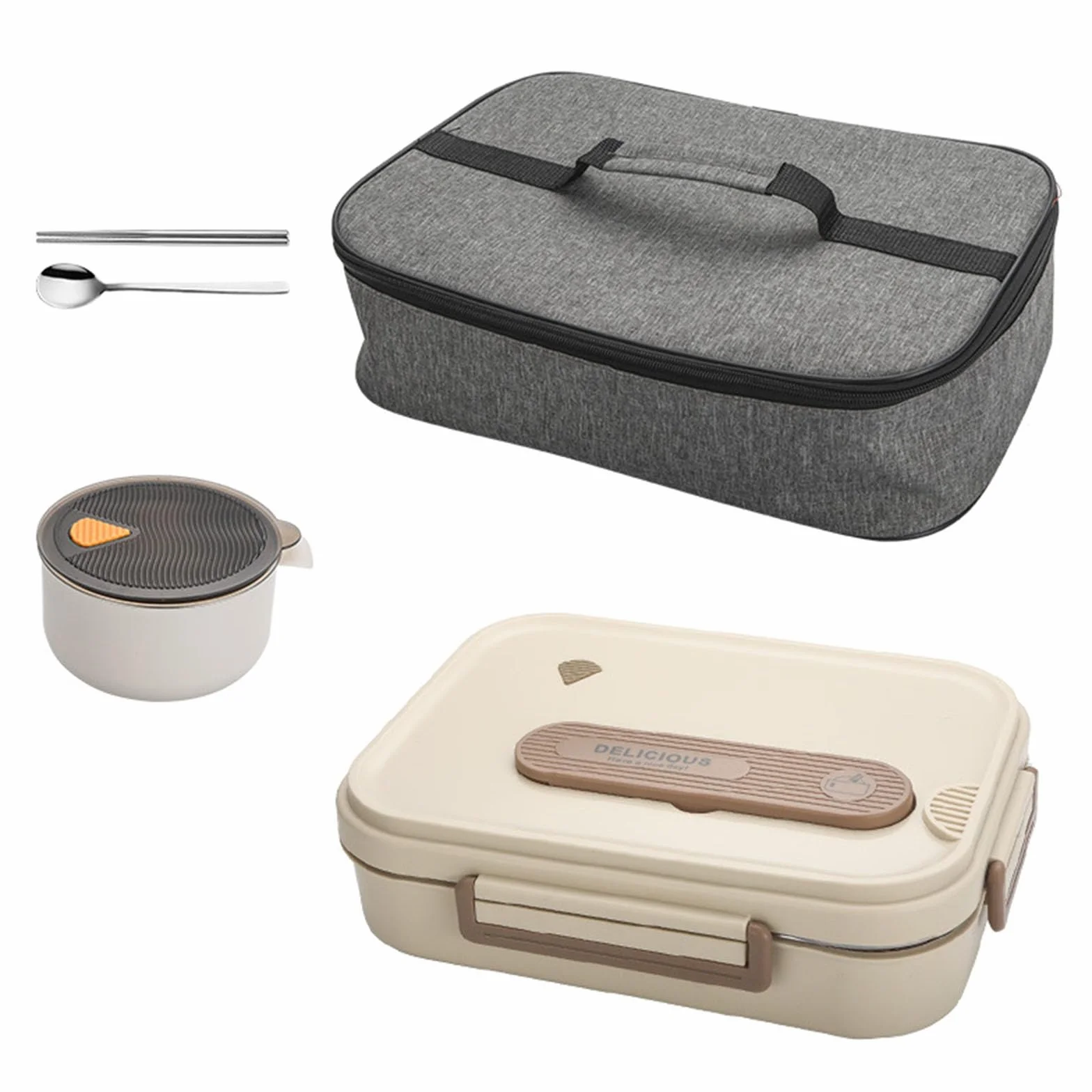 Lonchera térmica de gran capacidad con cuenco de sopa y cubiertos, 6 compartimentos, acero inoxidable, doble capa, contenedor de alimentos