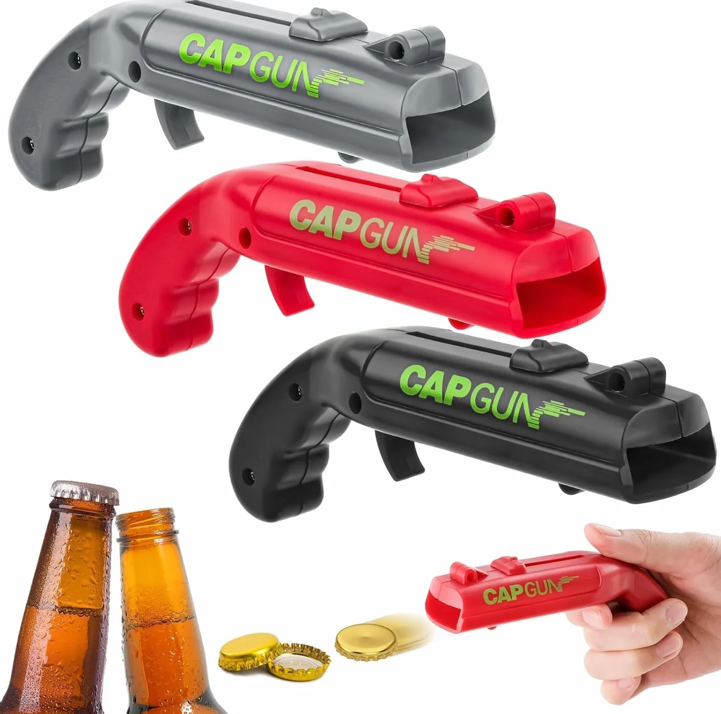 3PCS Abrebotellas, Abridor de Cerveza Divertidos, Abridor de Cerveza Botellas Cap Gun con Pistola para Fiestas en Casa, Barbacoa al Aire Libre, Juego Creativo, Regalo Divertido (Rojo+Gris+Negro)
