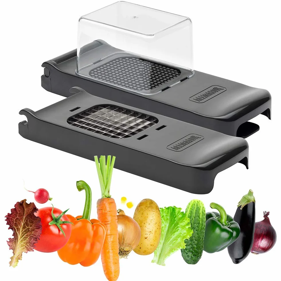 ALLIGATOR 3008-2 en 1 Cortador multifuncional - Cortador de verduras - Cortador de patatas fritas - 2 cuchillas intercambiables - 6 x 6 mm y 12 x 12 mm - Sin BPA - Negro