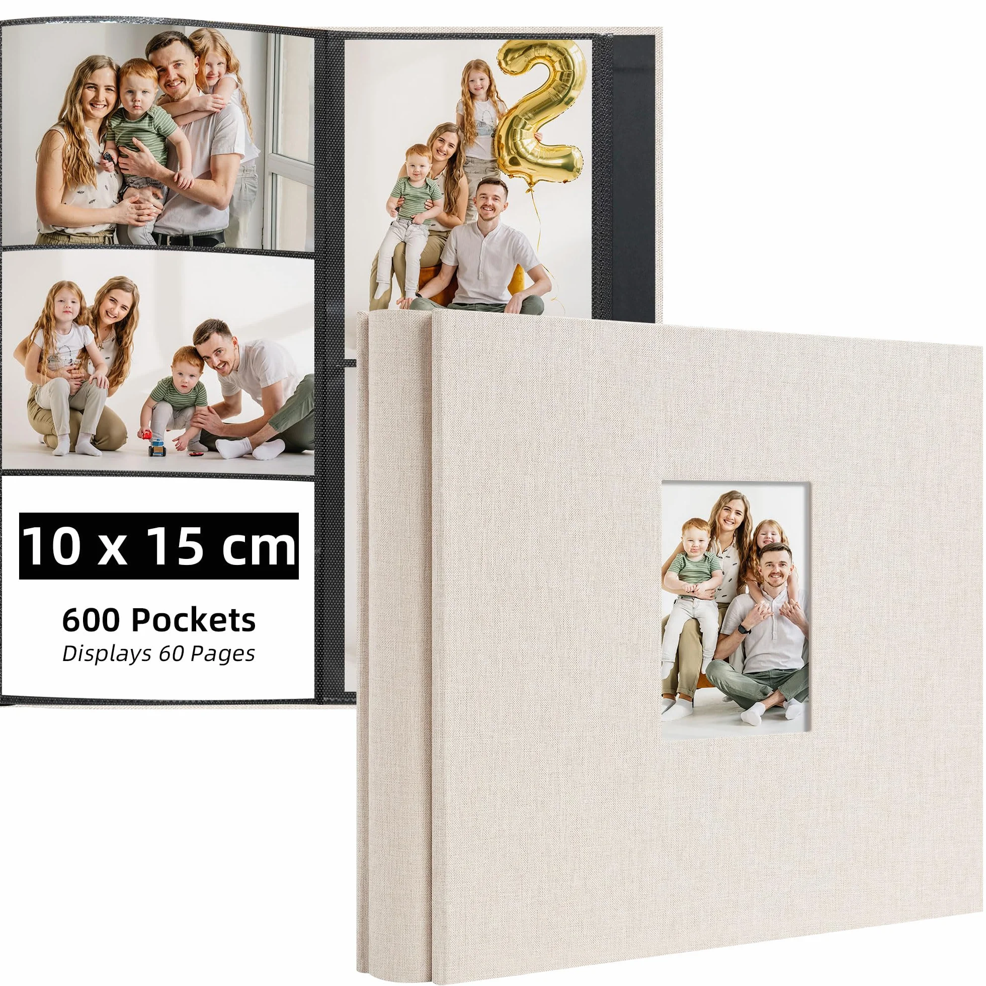 Album Fotos 10x15 cm, Álbum de Fotos de Gran Capacidad para 600 Bolsillos, Photo Album Horizontal y Vertical, con Funda de Tela, Ideal para Familia, Bodas, Viaje y Recuerdos de Bebé, Beige