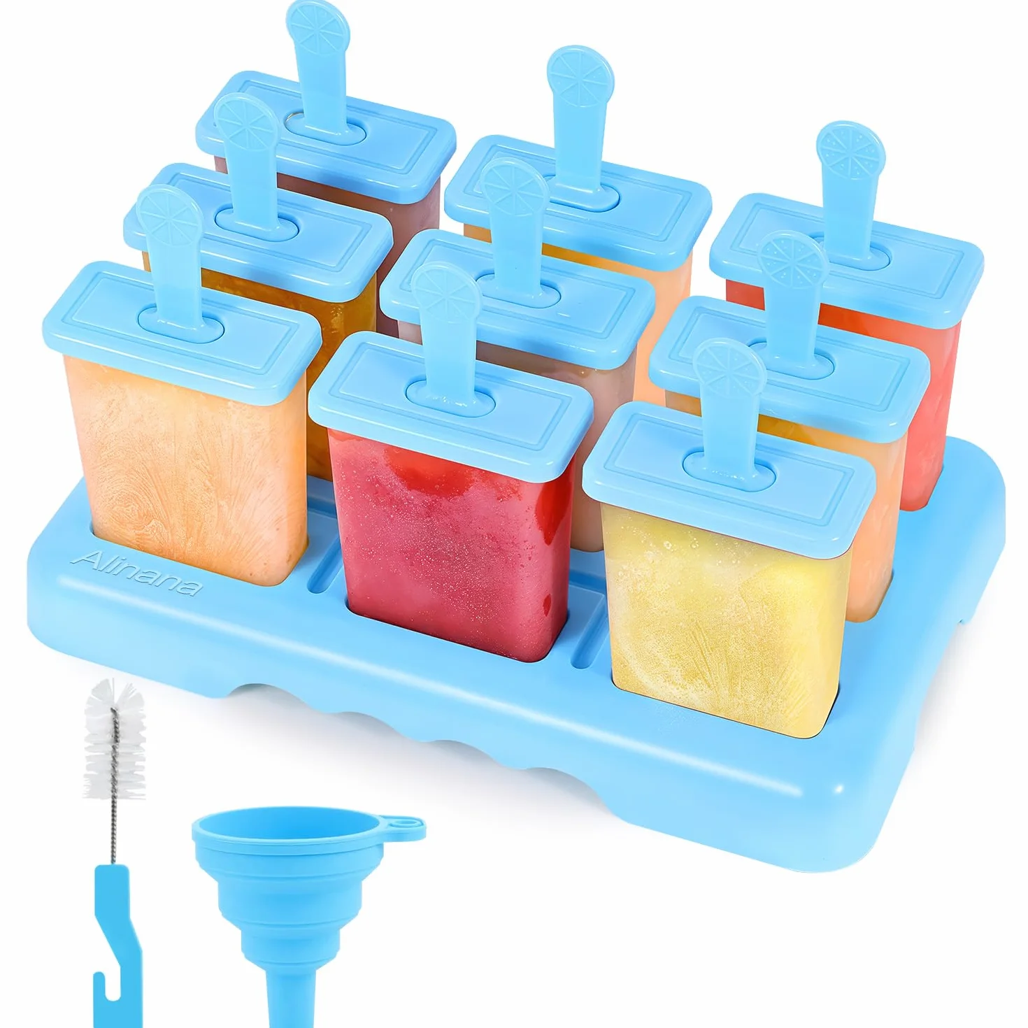 Moldes para Helados 9 Cavidades Reutilizable sin BPA, DIY Molde Helado con Palo, Cepillo y Embudo
