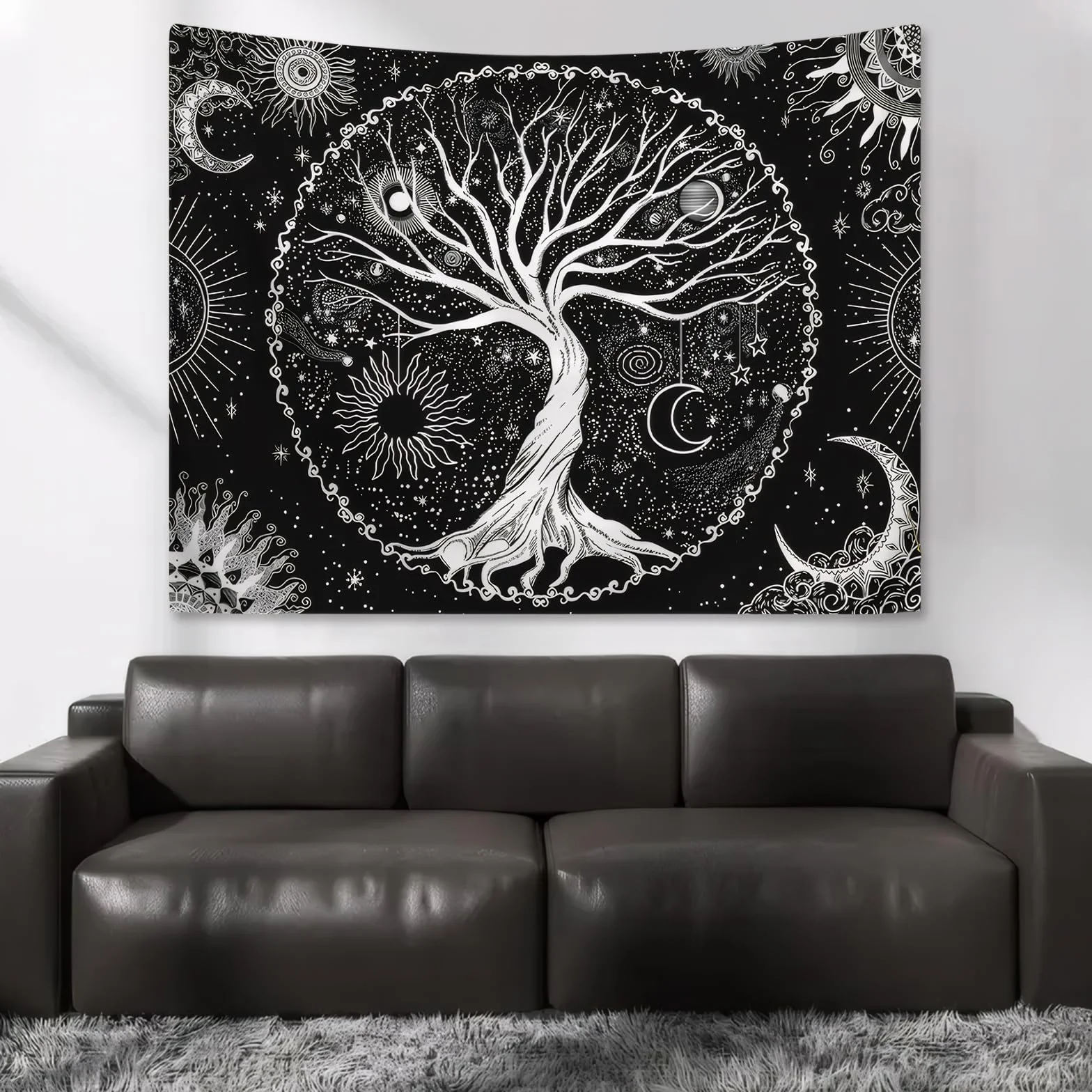 DecorDwell Tapices de Árbol de la Vida,150x130cm Tapiz Pared Fases Lunares，Tapiz de Mandala Psicodélico,Tapiz de Pared Blanco y Negro,para Habitación，Dormitorio，Salapareo Playa（ Blanco Negro