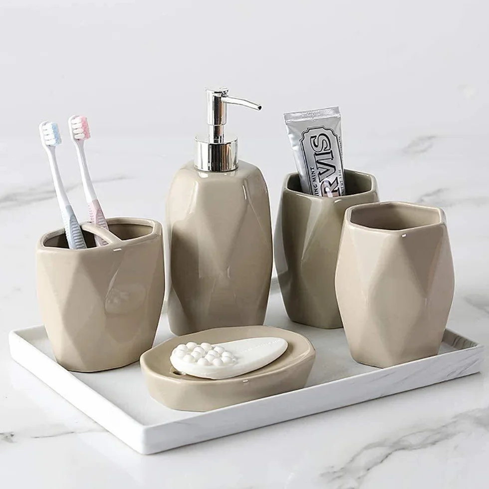 Taza de cerámica for enjuague bucal, traje sanitario for el hogar, cepillo de dientes, traje sanitario, juego de 5 piezas (Color : Khaki)
