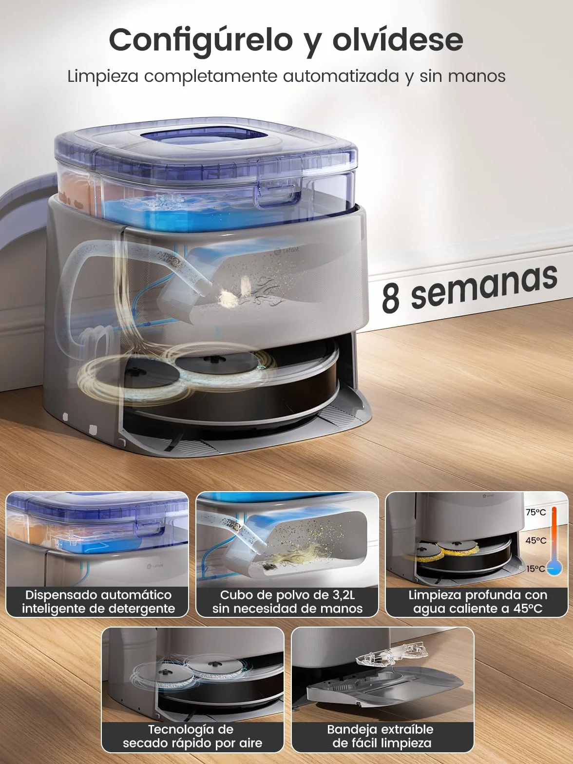 LEFANT M3 Max Robot Aspirador y Fregasuelos, 20000 Pa, 210min, Auto-Lavado Secado Mopa, Auto-Vaciado 3.2L, dToF Navegación Láser, WiFi Alexa App iWatch