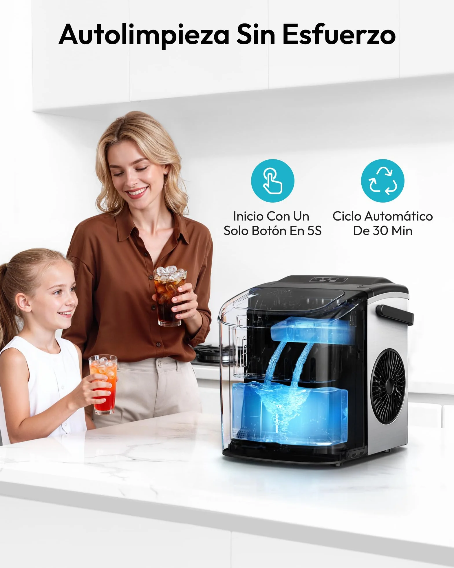 EUHOMY Máquina de Hielo 12Kg/24H, 9 Cubos en 6 Minutos, Maquina de Hacer Hielo Autolimpiable, 2 Tamaños de Hielo, con aAsa, Pala para Hielo y Cesta, Sirva Para Casa/Cocina/Oficina/Bar Plateada