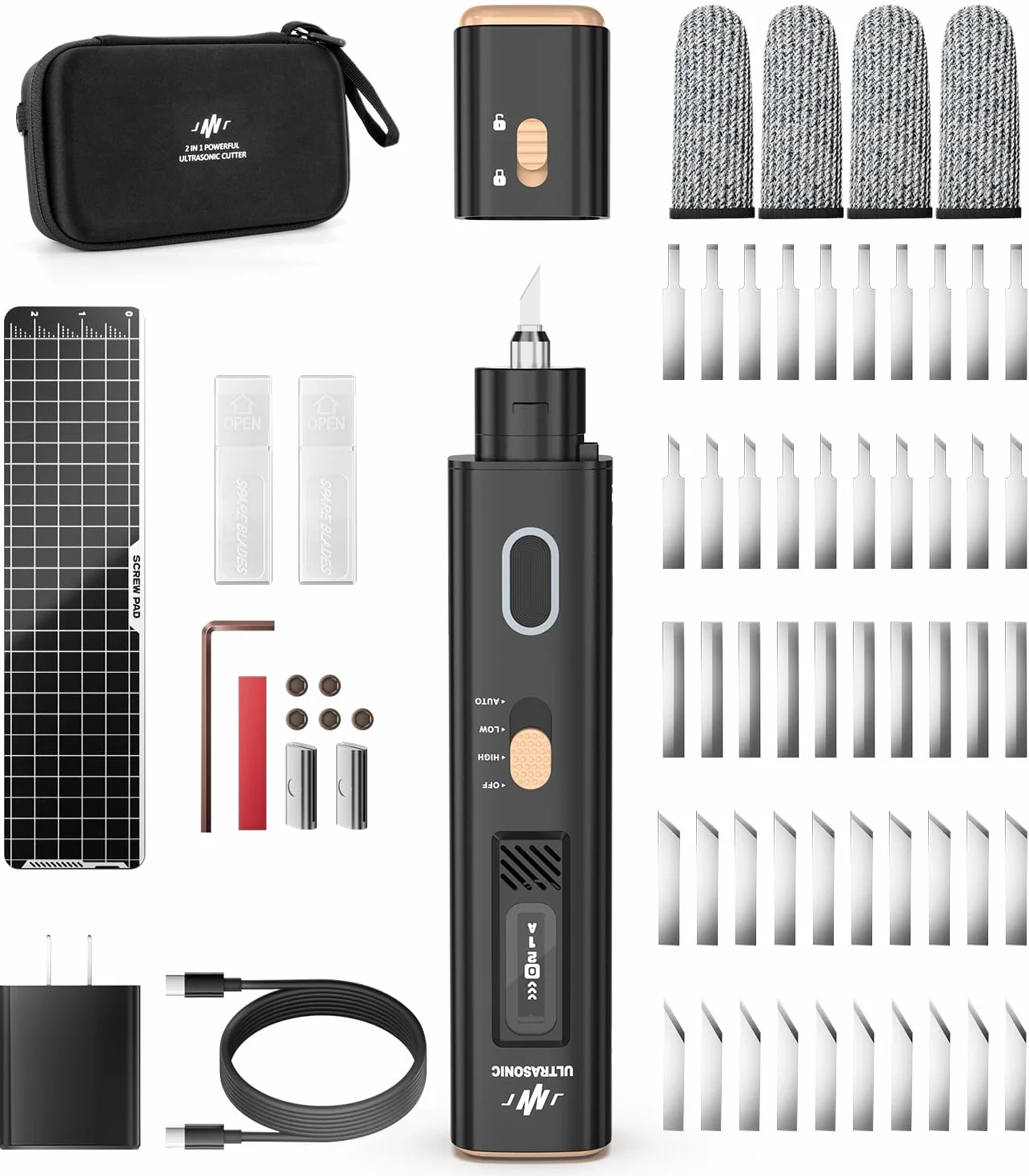 Cuchillo cortador ultrasónico de 40 kHz: cuchillo ultrasónico de mano de 35 W con 50 cuchillas de repuesto y visualización OLED, cuchillo sónico para modelos impresos en 3D, plástico