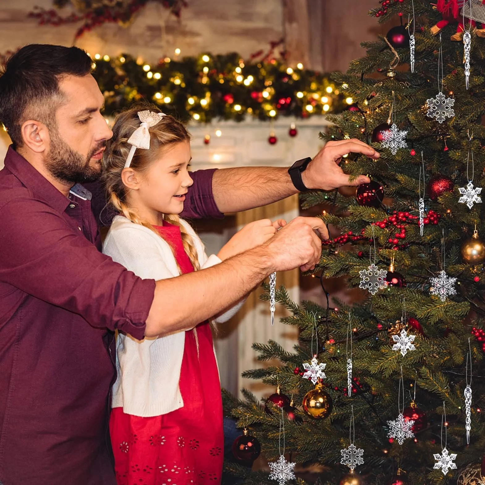 MELLIEX 32 Piezas Adornos Navidad Carámbano Copo de Nieve Acrílico Transparente Colgante Árbol Navidad