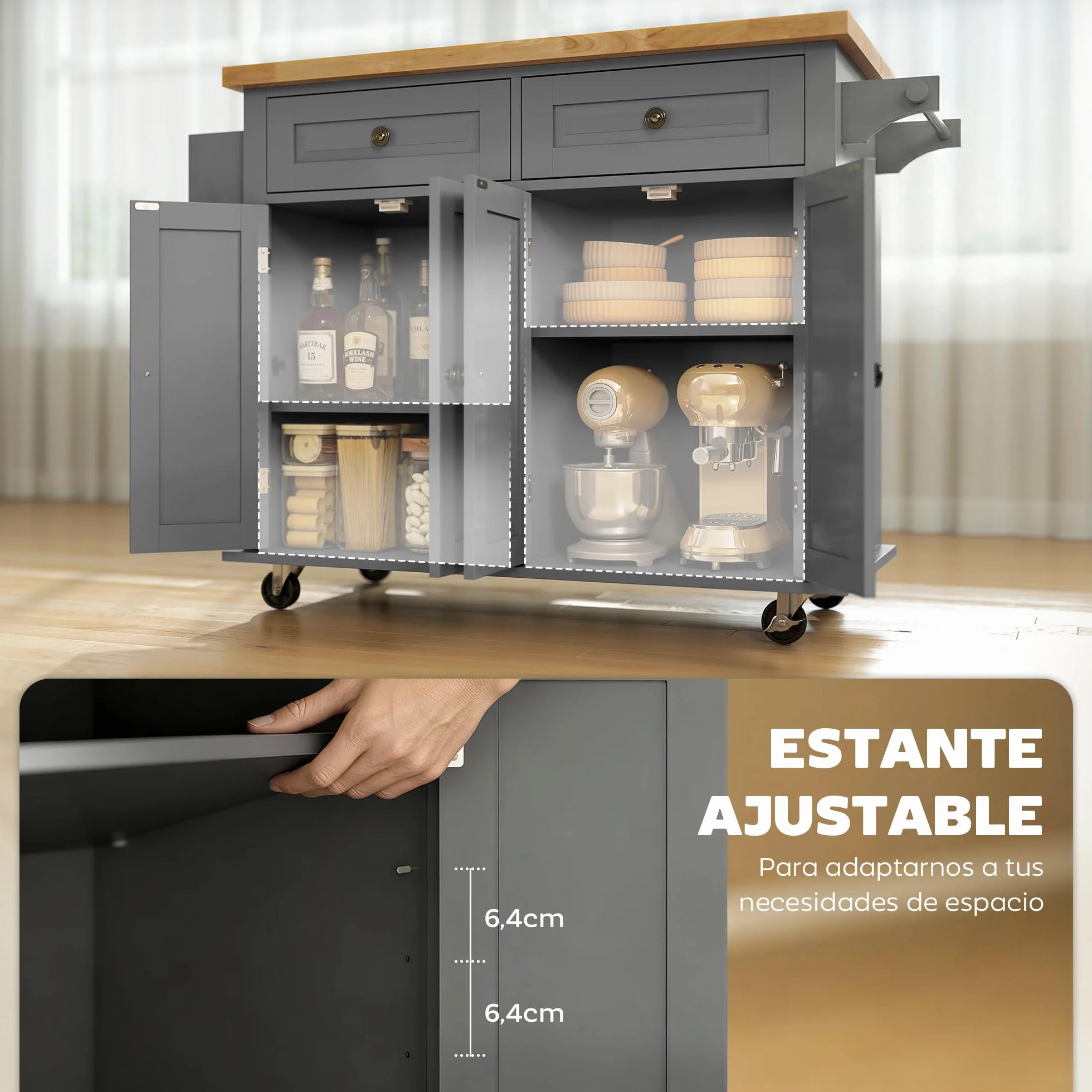 HOMCOM Isla de Cocina con Ruedas Carro de Cocina con 2 Cajones 4 Puertas Especiero Encimera de Madera Estante Ajustable y Barra Lateral para Comedor 111x44,5x82,5 cm Gris