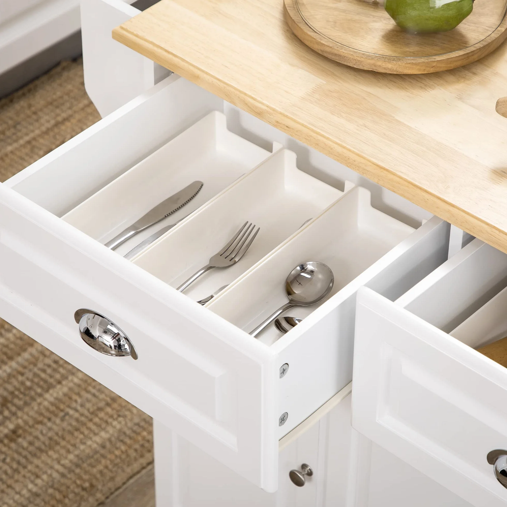 HOMCOM Isla de Cocina Carro de Cocina con Ruedas Carro Multiusos con 2 Cajones 3 Puertas Toallero y Estante para Especias para Comedor 110x45x91 cm Blanco