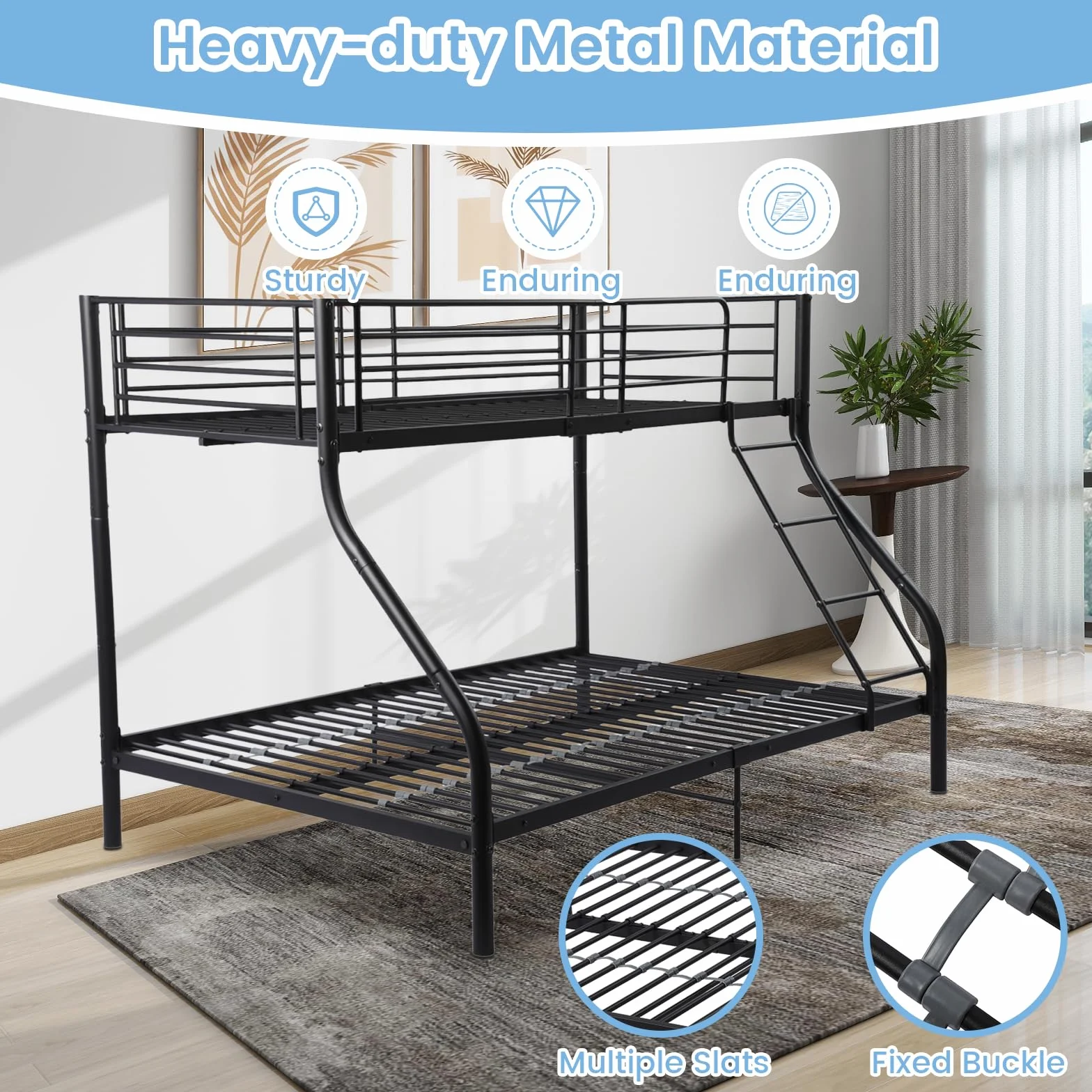 Litera de 90 x 200/140 x 200 cm con Somier, Cama Infantil con Escalera y Protección Anticaídas Cama Alta - Negro