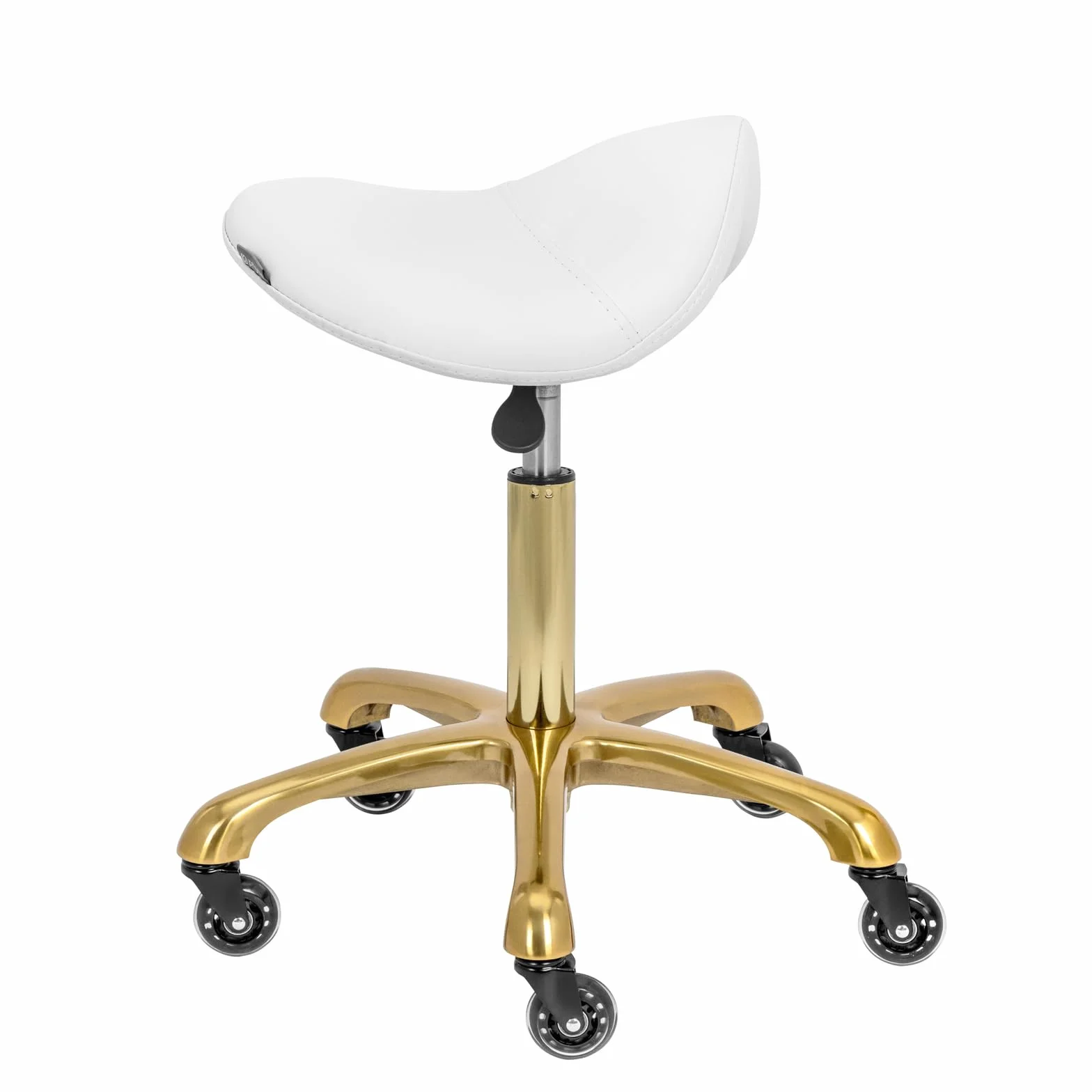 physa Taburete de Estética con Ajuste de Altura 55-70 cm para hasta 150 kg Blanco y Dorado Taburete de oficina tipo silla de montar Taburete pony Taburete de estética con ruedas
