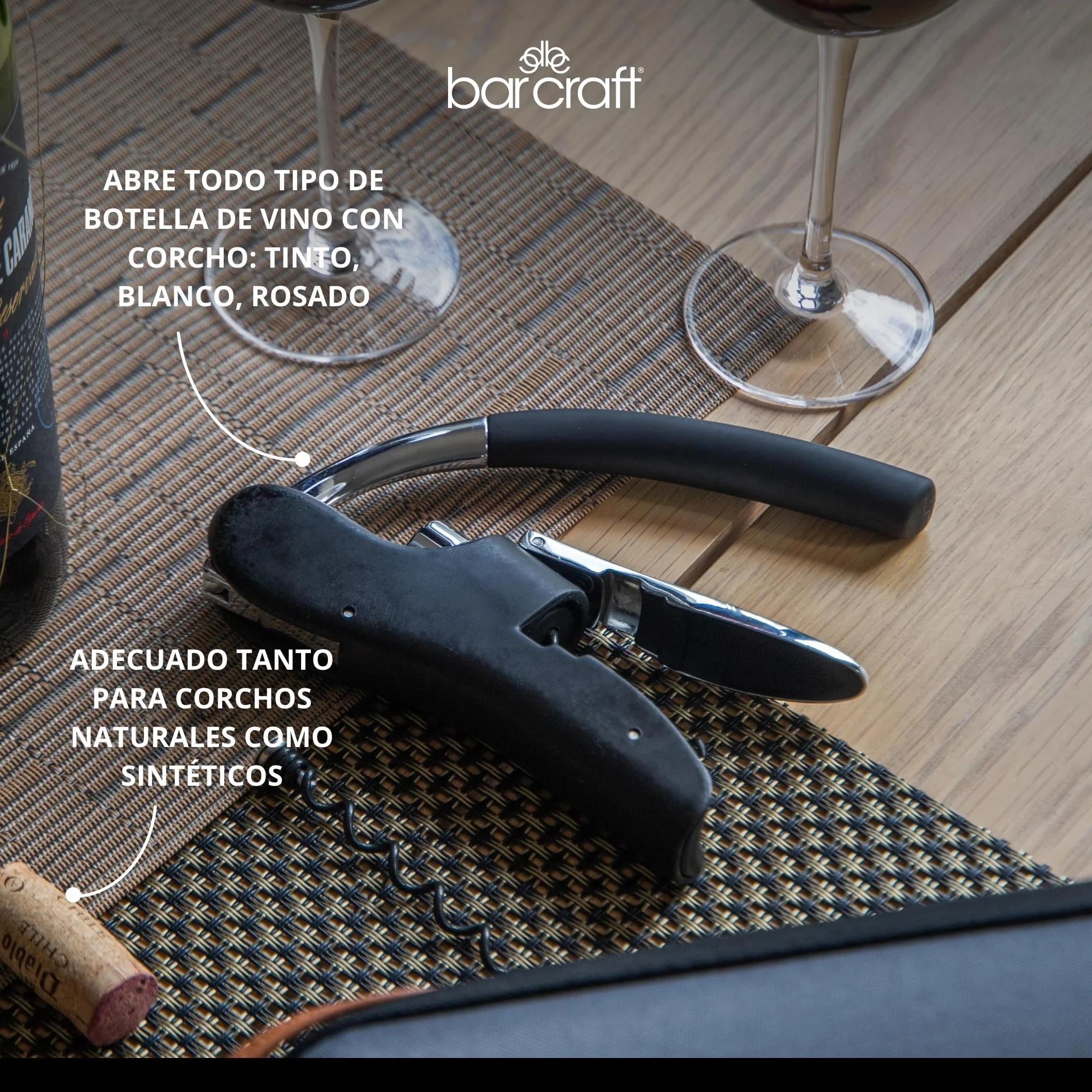 BarCraft Sacacorchos de Lujo Abridor de Botellas Vino Cortador Lámina Integrado Negro Cromado