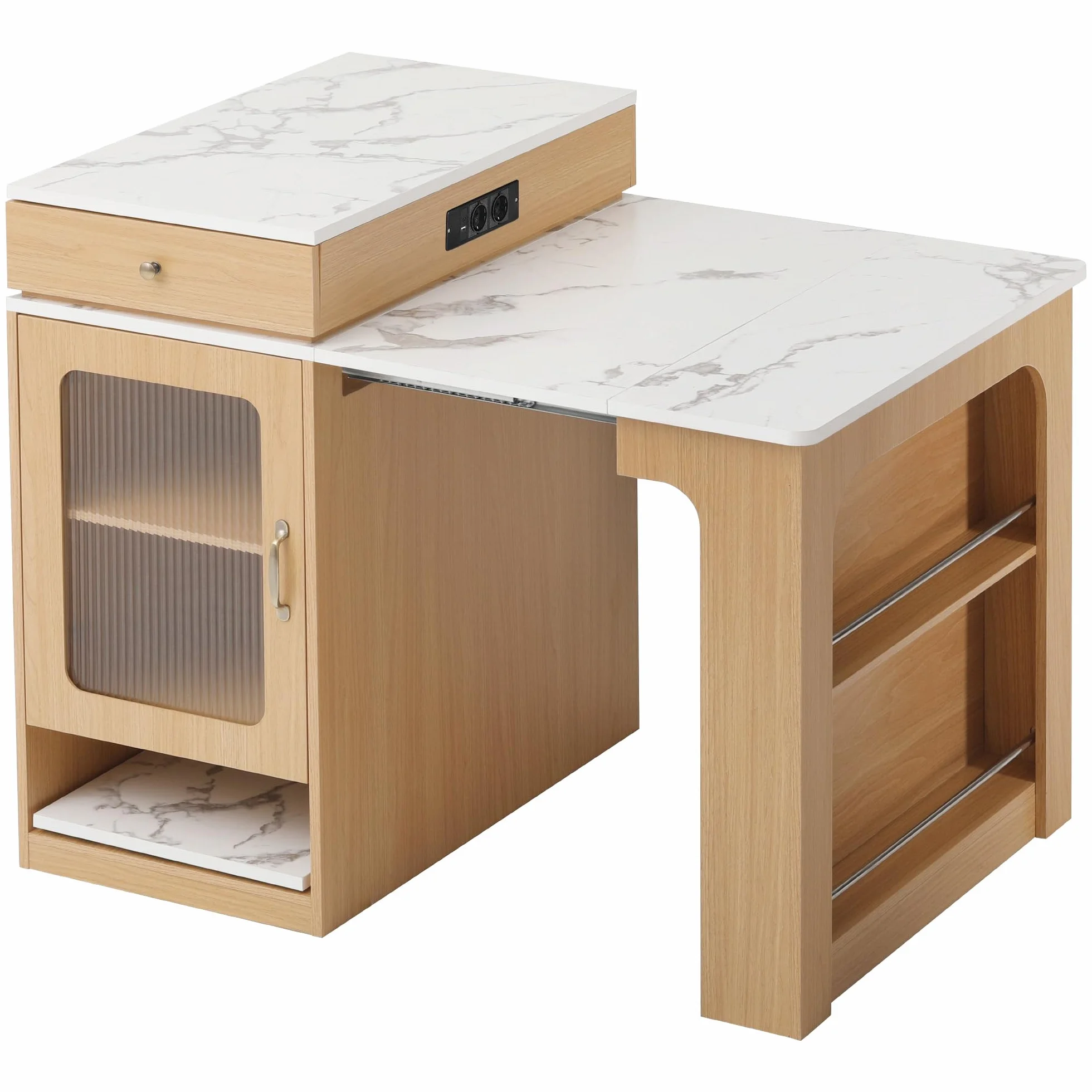 Kebnor Isla de Cocina con Ruedas, Mesa de Comedor Extensible con Tablero Desmontable, Mesa de Bar con Regletas de Enchufes, Sirve como Aparador o Alacena para Cocina y Sala