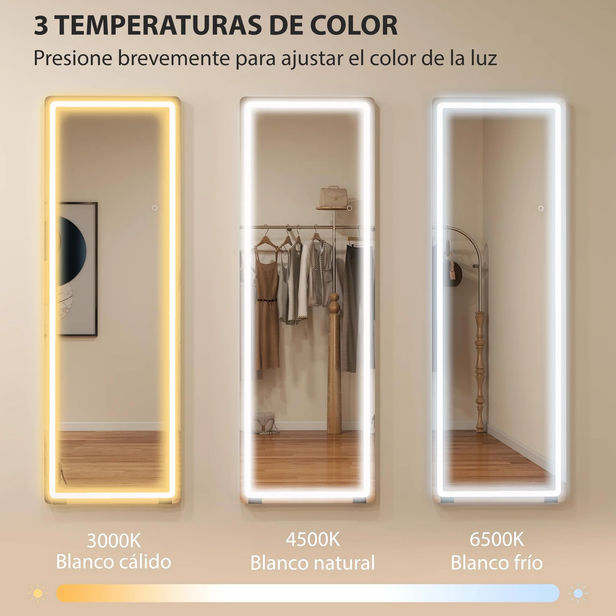 HOMCOM Espejo de Pie Cuerpo Entero con Luces, 150x50 cm, Espejo de Cuerpo Entero sin Marco, 3 Temperaturas de Color, Brillo Ajustable, Independiente, Apoyado y de Pared, para Dormitorio, Transparente