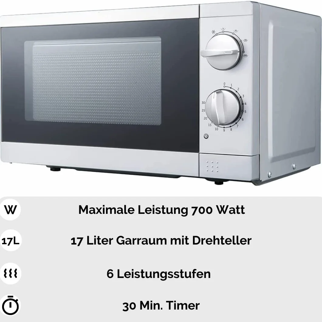 PKM MW700-17UB2 Stand Mikrowelle, 700 W, unterbaufähig, 17L Volumen, Drehteller, Auftaufunktion, silber