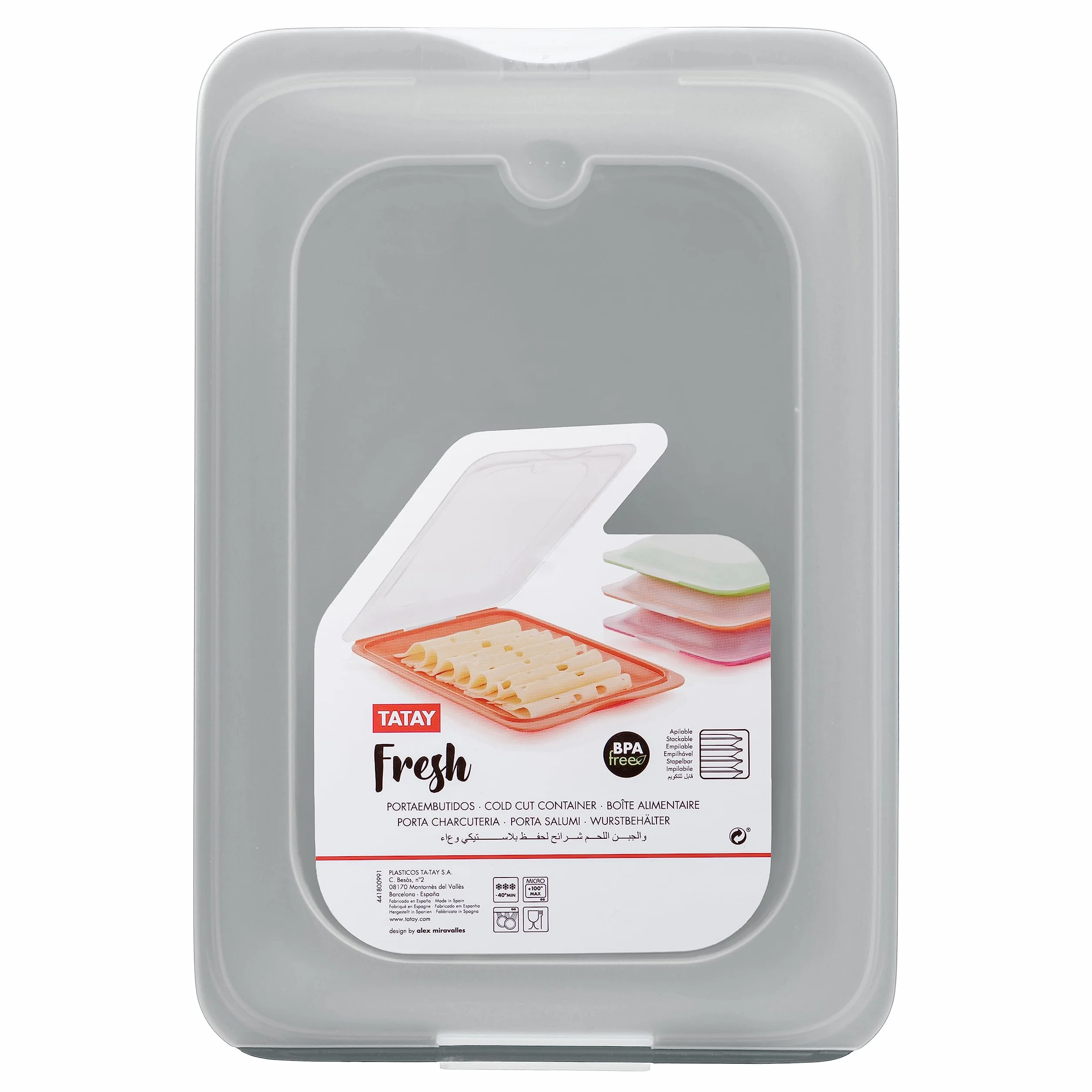 Tatay Porta Embutidos Fresh | Set de 3 Estándar | Tupper Embutido Nevera | Tapa Extraíble, Apilable | Apto Congelador, Microondas y Lavavajillas | Libre de BPA, 17 x 3,2 x 25,2 cm, Color Gris