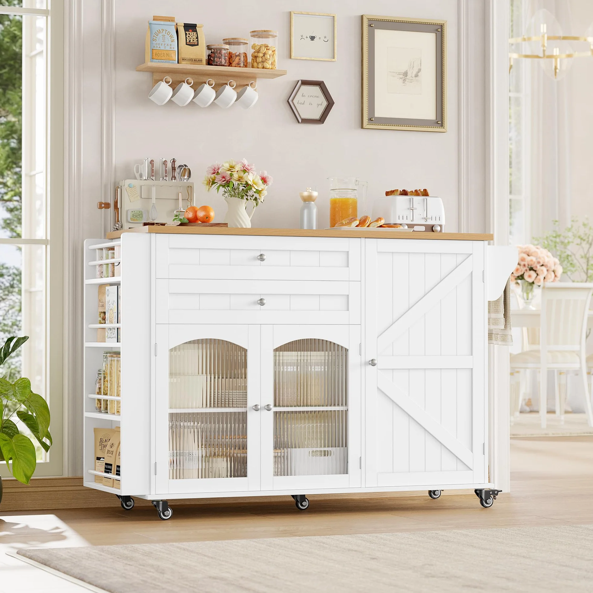 FirFurd Isla Cocina con Ruedas, Isla de Cocina con Barra, Mueble Cocina Auxiliar, con Mesa Plegable, con 5 Ruedas, 2 Cajones y 3 Puertas, Especiero y Toallero (Blanco)